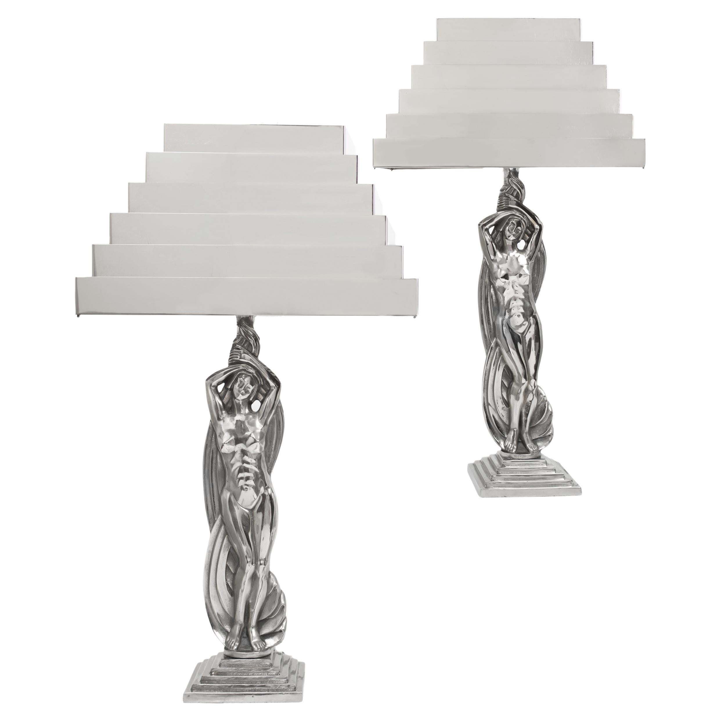 Rare Pair of Art Deco Stylized Figural Nickel Table Lamps, M. Bouraine, C 1930s