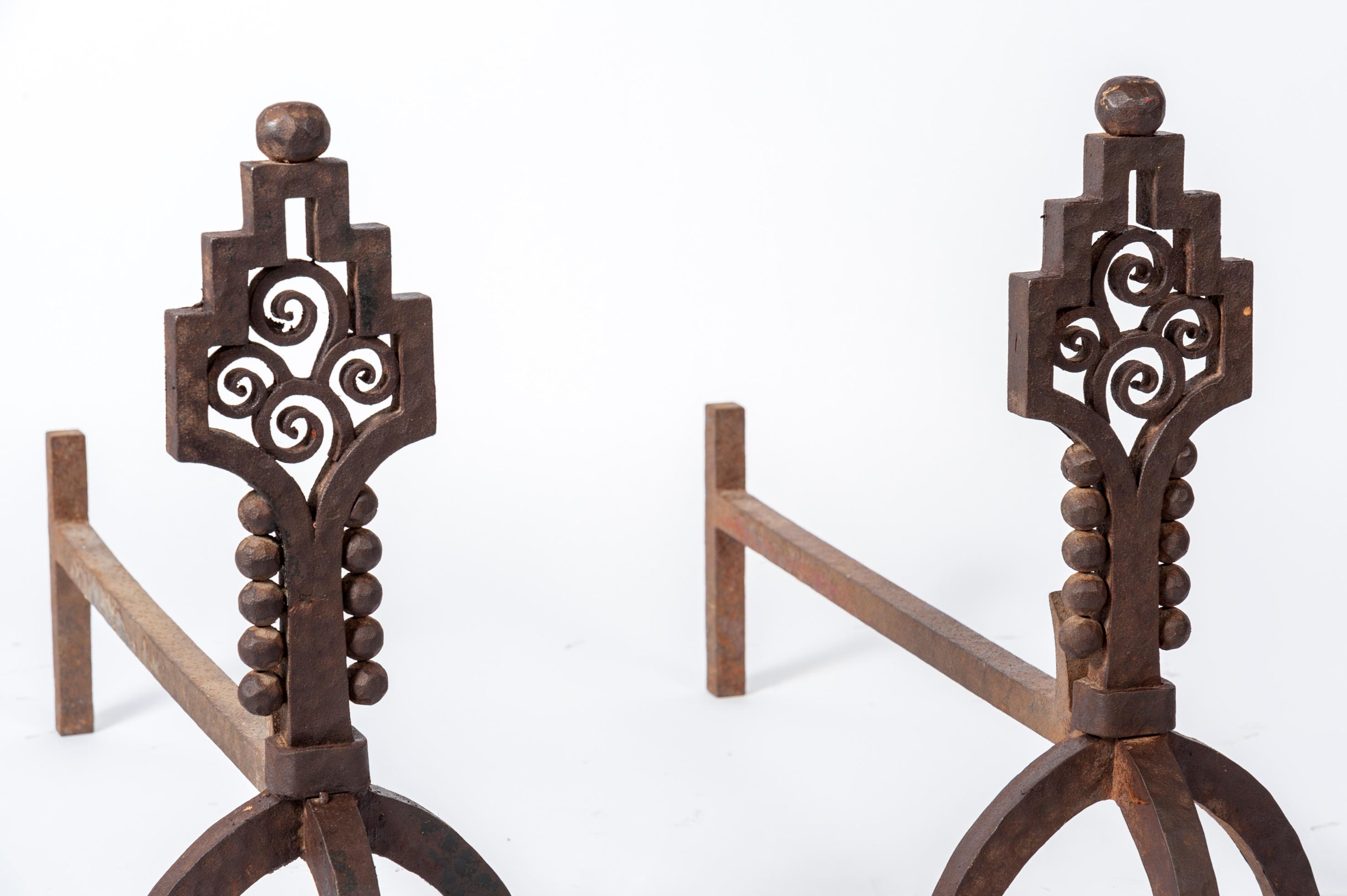 French Rare Pair of Art Deco Wrought Iron Andirons by Paul Kiss