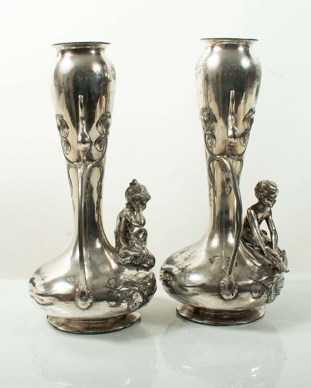 Metal Rare Pair of ART NOUVEAU Vases by WMF, Circa 1900 For Sale