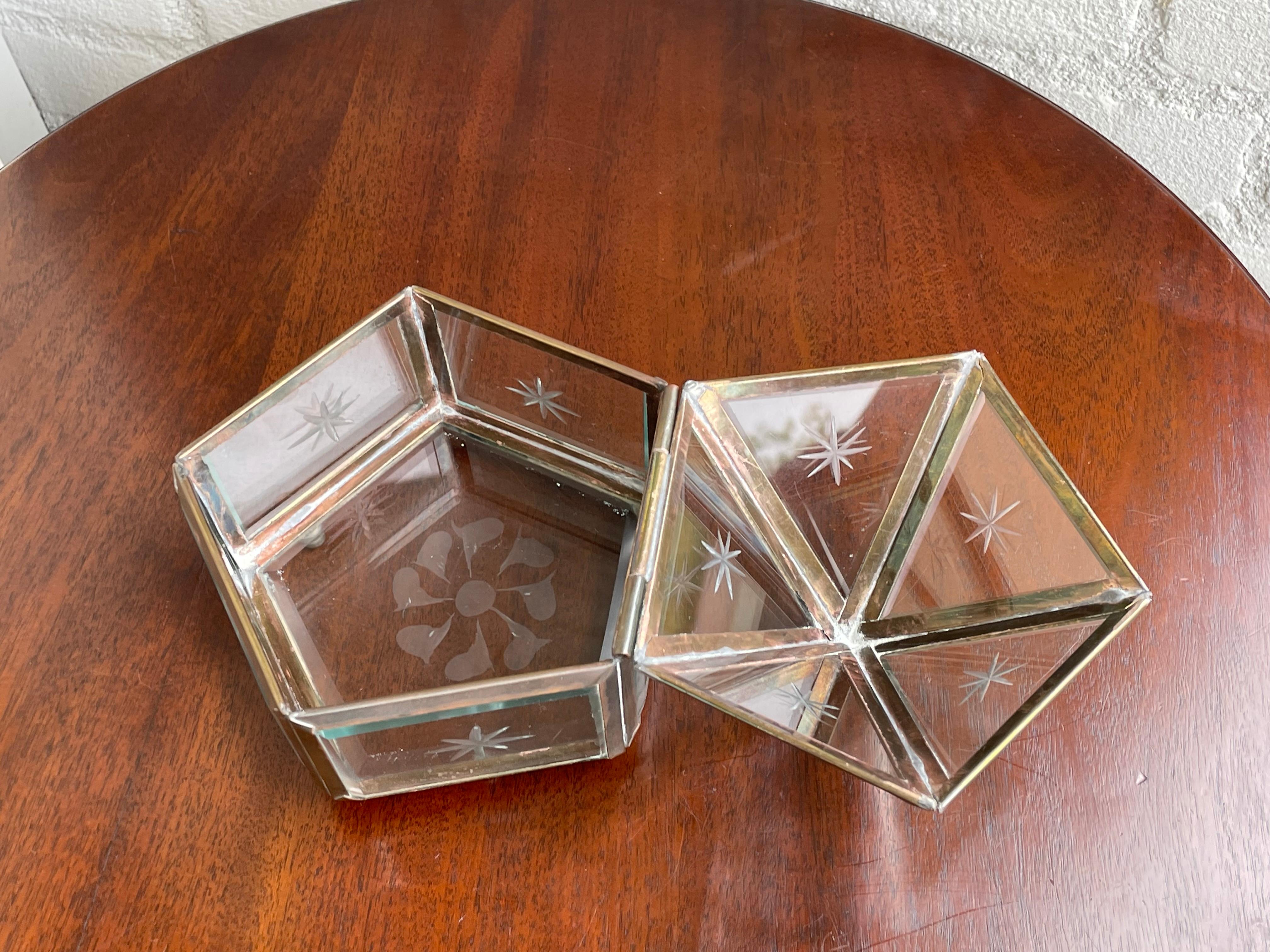 Arts and Crafts Rare Pair of Arts & Crafts Glass and Brass Boxes with Hand Engraved Flowers For Sale