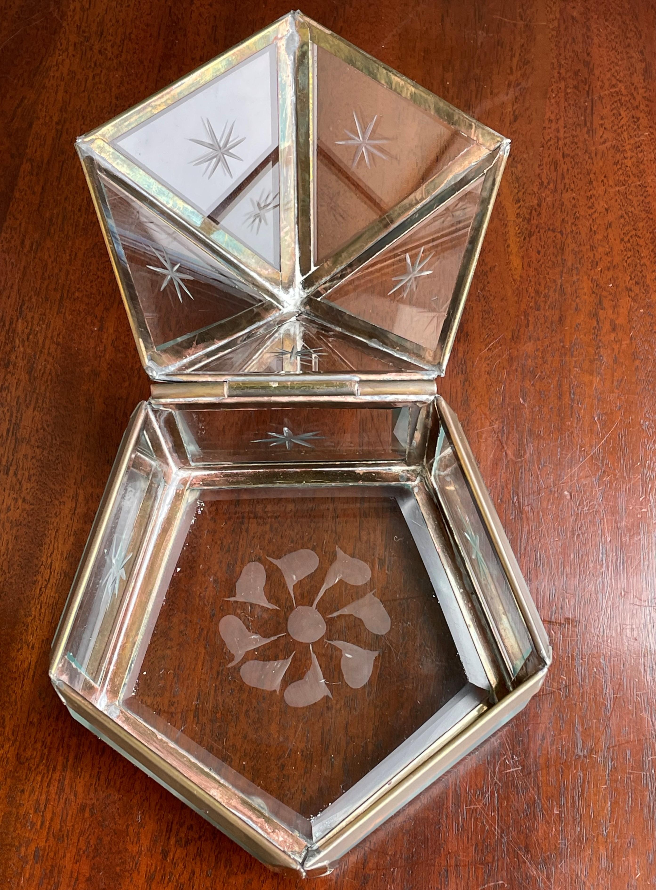 European Rare Pair of Arts & Crafts Glass and Brass Boxes with Hand Engraved Flowers For Sale