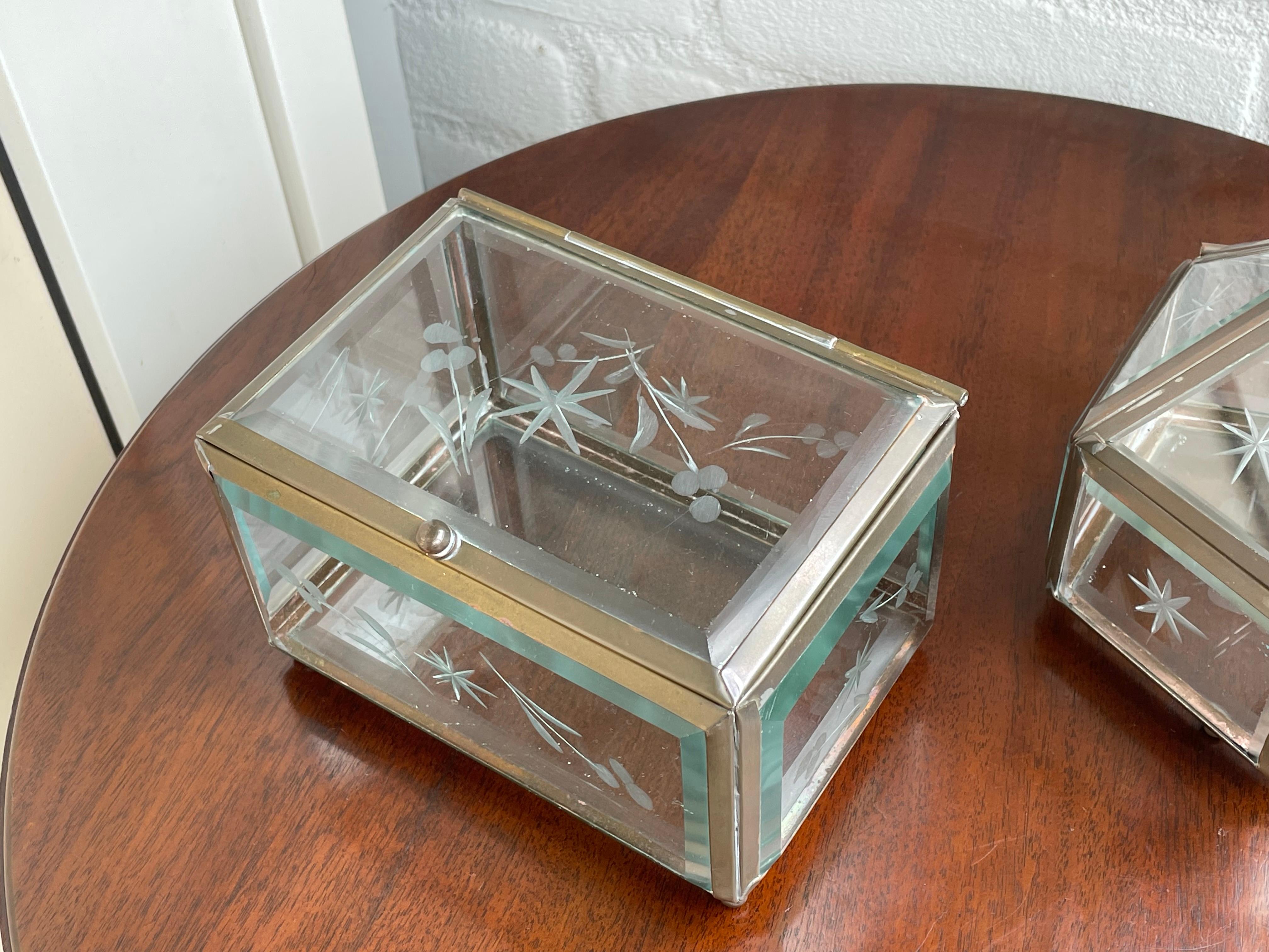 Hand-Crafted Rare Pair of Arts & Crafts Glass and Brass Boxes with Hand Engraved Flowers For Sale