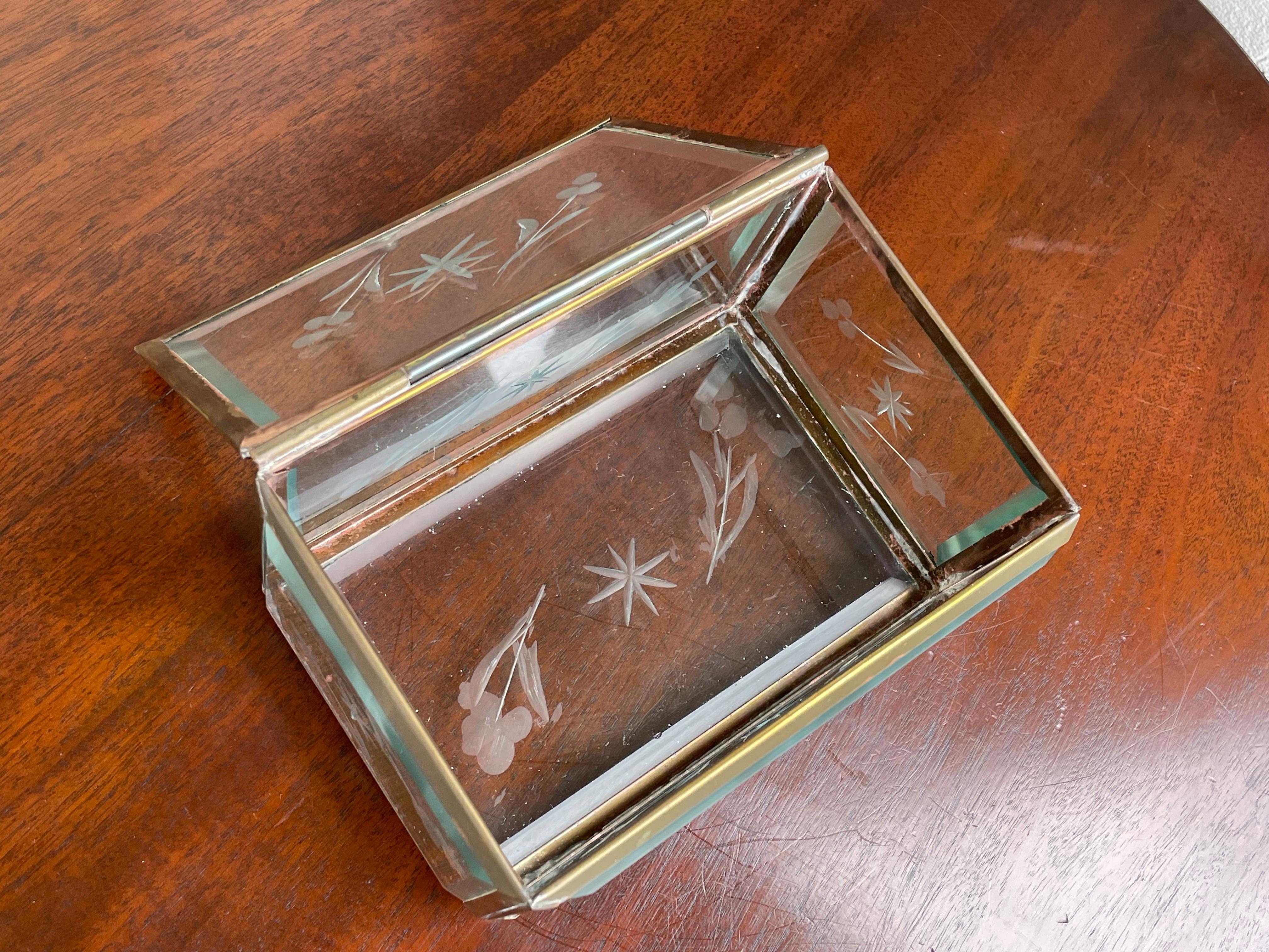 Rare Pair of Arts & Crafts Glass and Brass Boxes with Hand Engraved Flowers For Sale 1