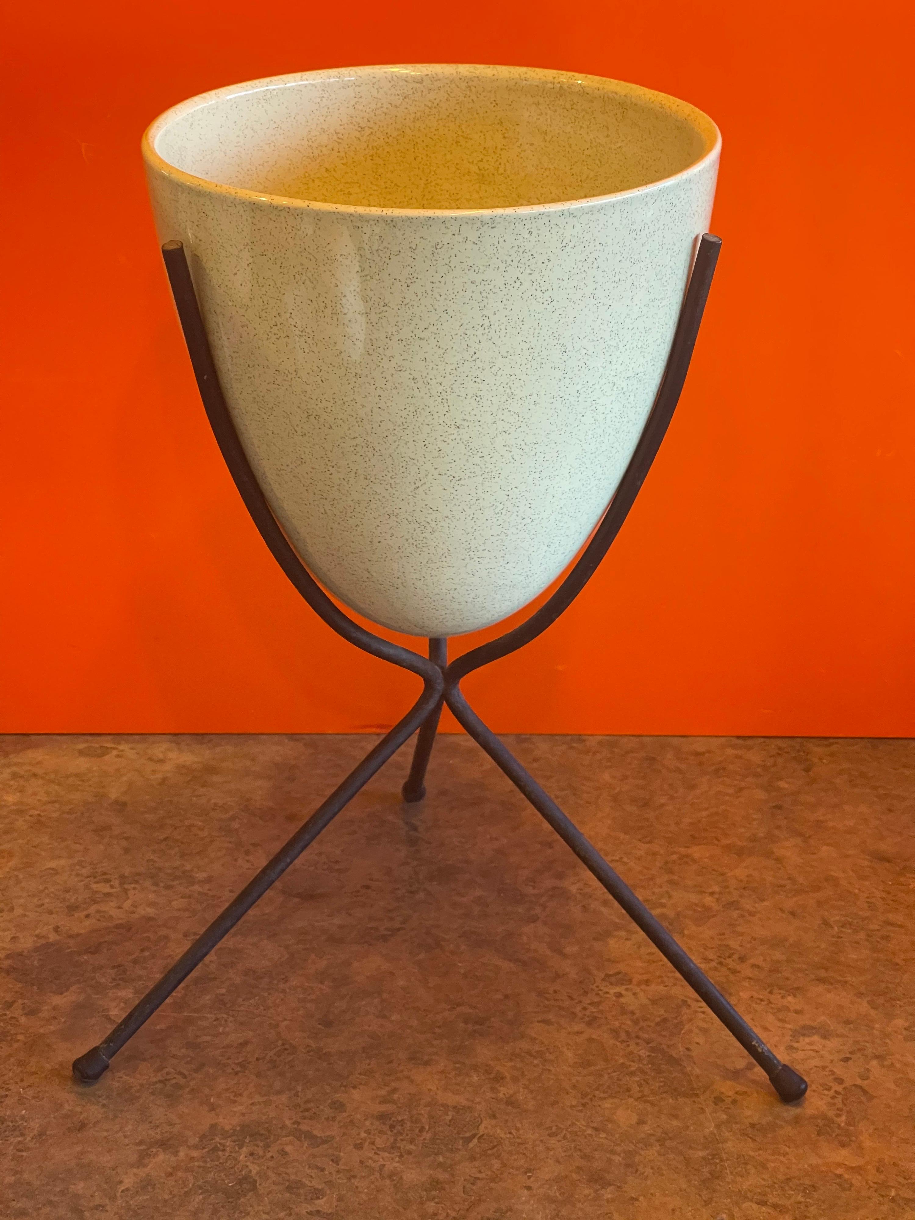 Pottery Rare Pair of Atomic Age Ceramic Bullet Planters on the Metal Stands by Bauer For Sale