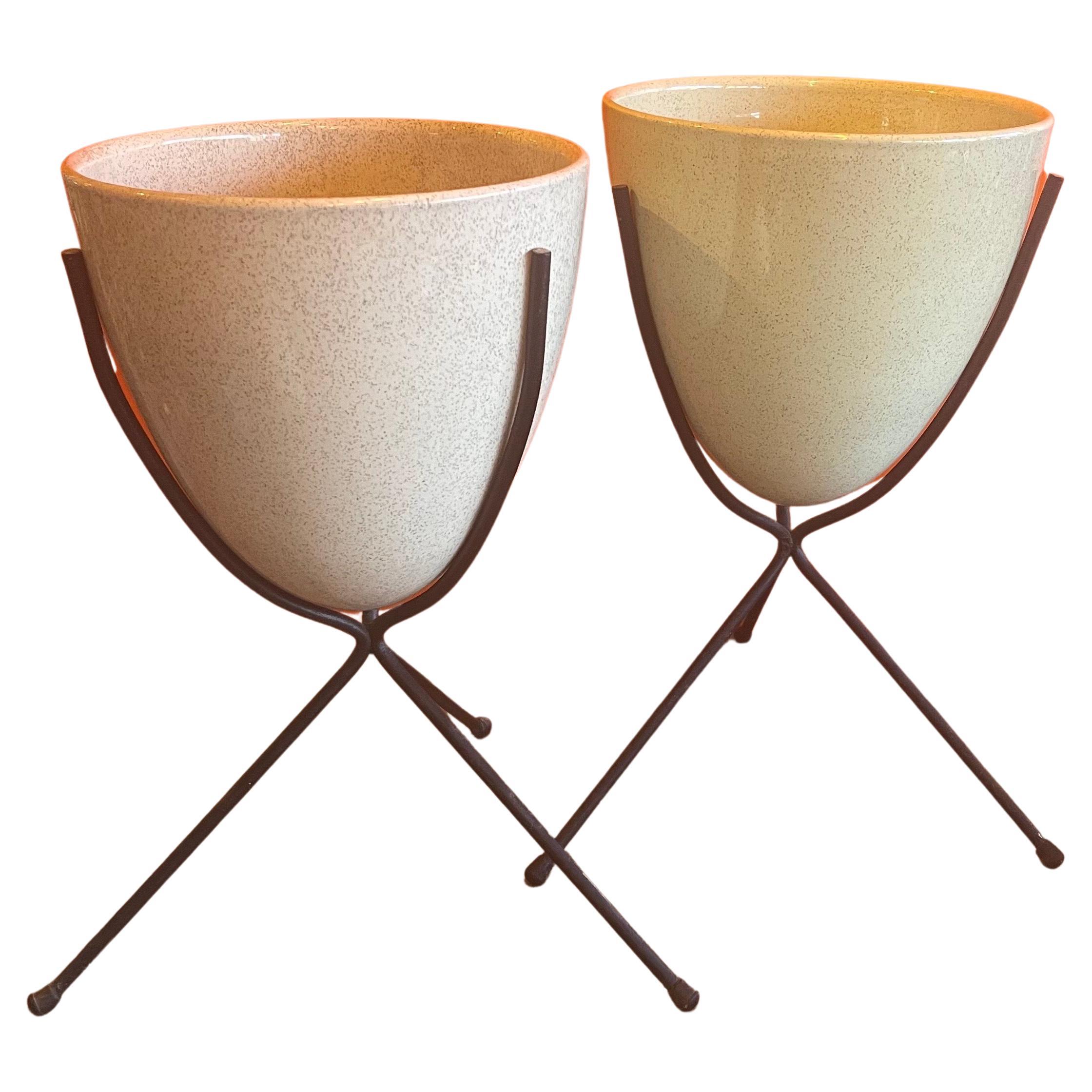 Rare Pair of Atomic Age Ceramic Bullet Planters on the Metal Stands by Bauer For Sale