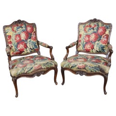Rare Pair of Tapestry Upholstered French Period 18th century Louis XV Armchairs