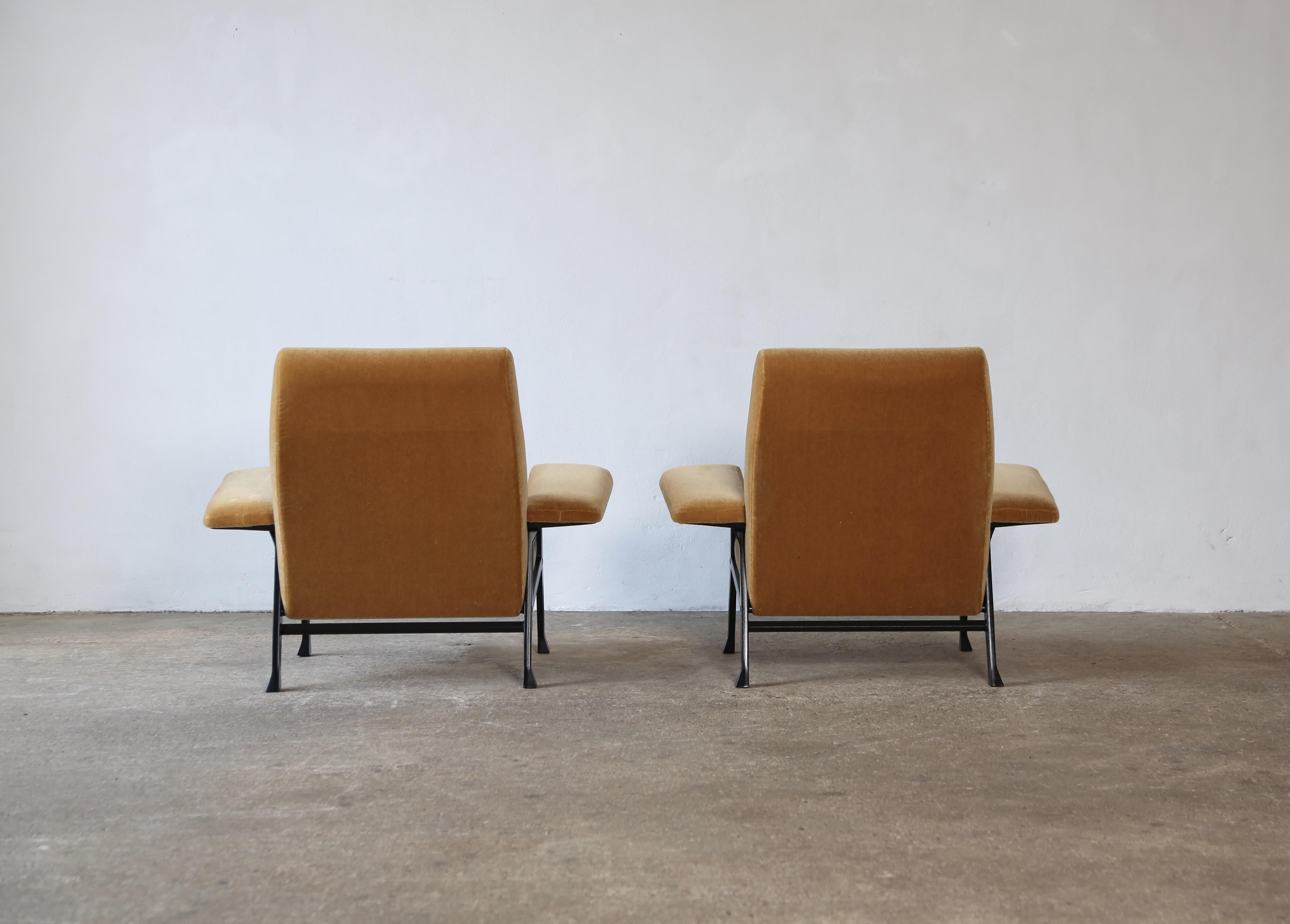 Rare Pair of Authentic 1950s Roberto Menghi Hall Chairs, Italy, New Pure Mohair 1