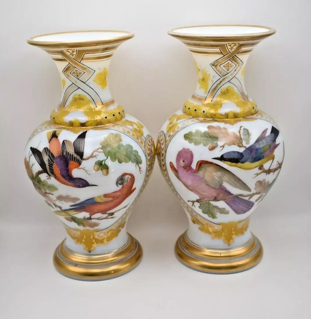 Questa rara coppia di vasi opalini Baccarat, dipinti a mano da Jean-François Robert, rappresenta una significativa convergenza di abilità artistica e artigianale della metà del XIX secolo. Jean-François Robert, famoso per aver sviluppato la tecnica