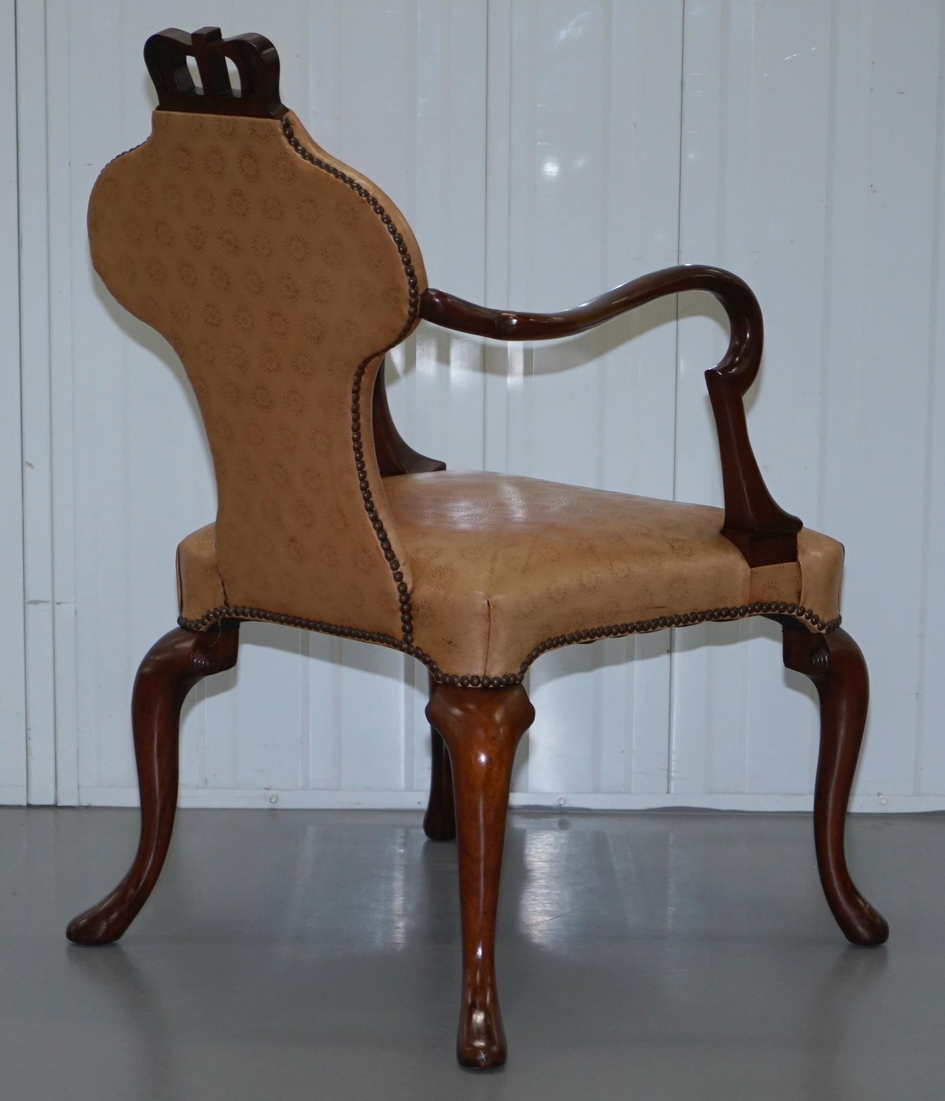 Rare Pair of Baker Queen Anne Stately Homes Brown Leather Armchairs 5