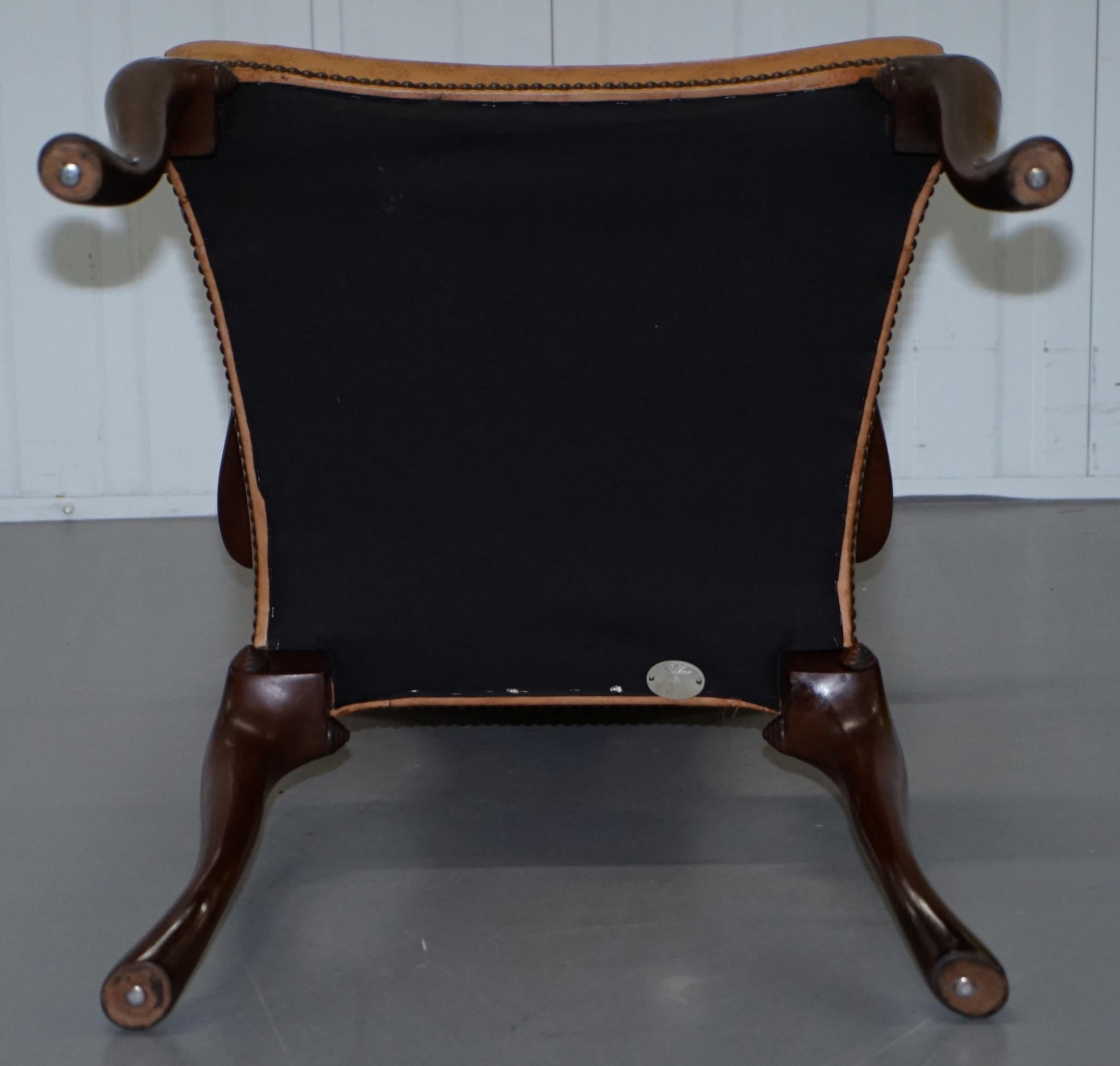 Rare Pair of Baker Queen Anne Stately Homes Brown Leather Armchairs 6