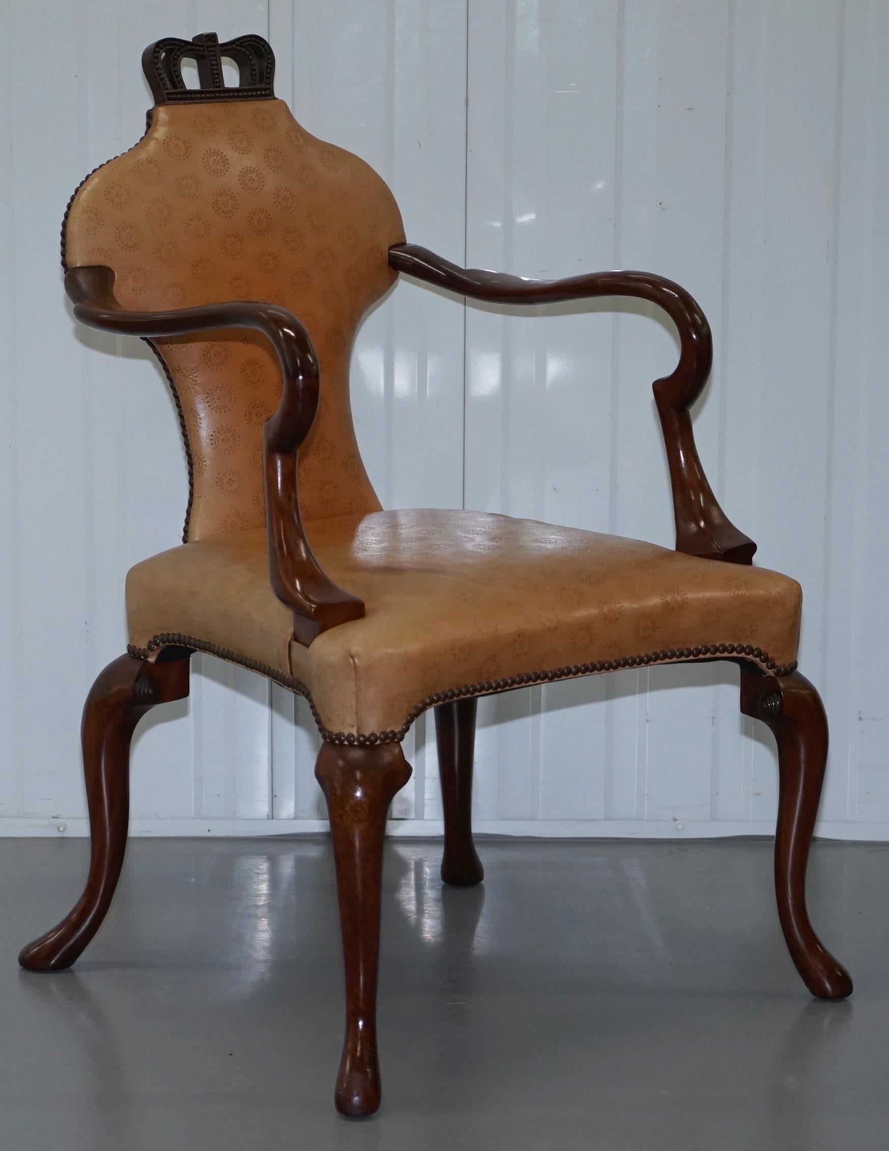 Rare Pair of Baker Queen Anne Stately Homes Brown Leather Armchairs 9