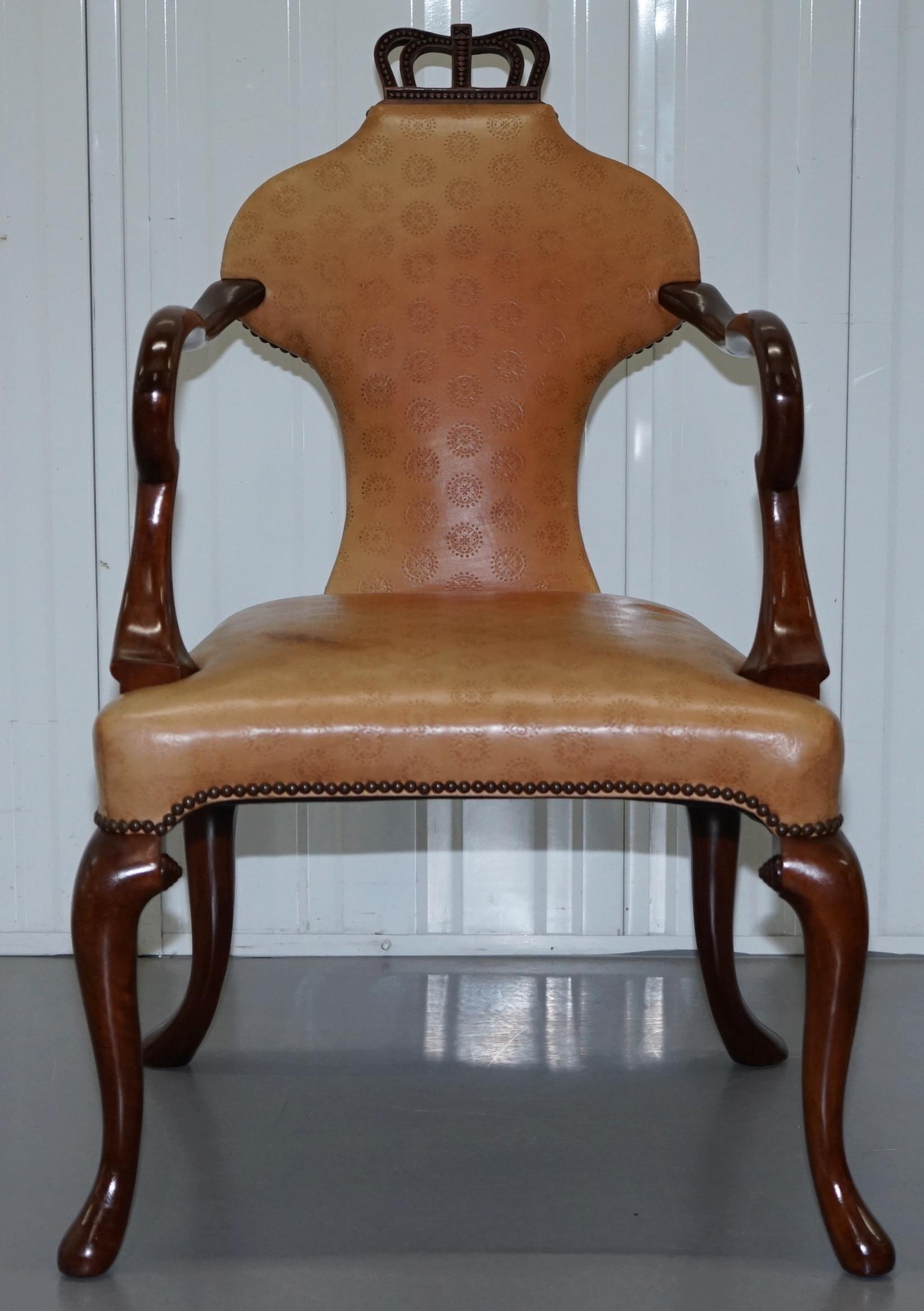 Rare Pair of Baker Queen Anne Stately Homes Brown Leather Armchairs 10