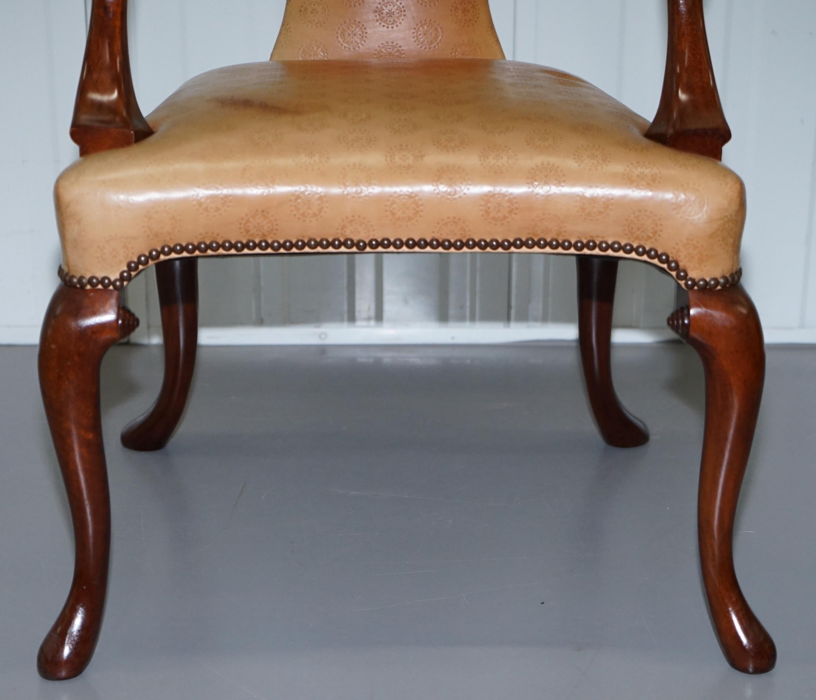 Rare Pair of Baker Queen Anne Stately Homes Brown Leather Armchairs 13