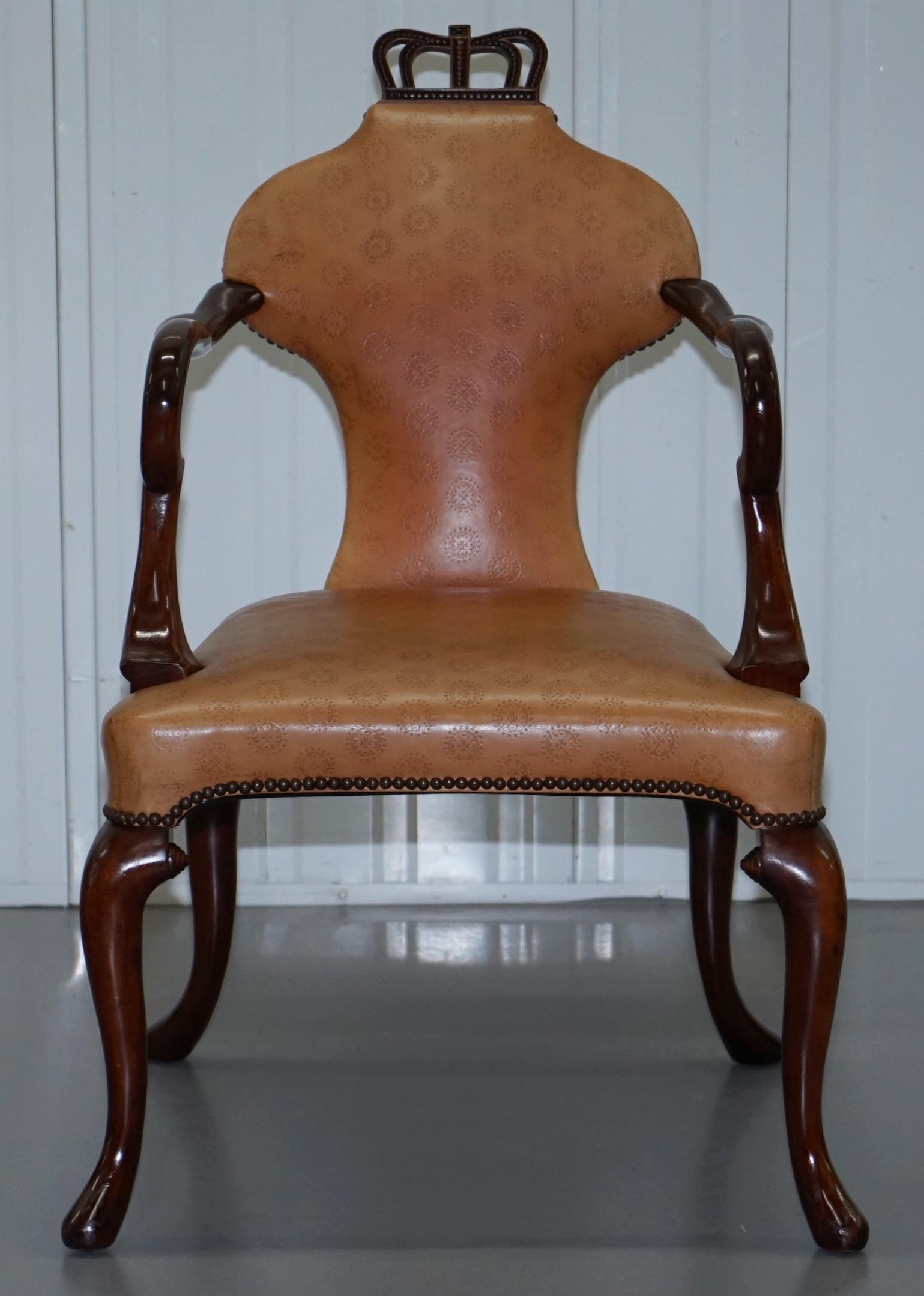 Modern Rare Pair of Baker Queen Anne Stately Homes Brown Leather Armchairs