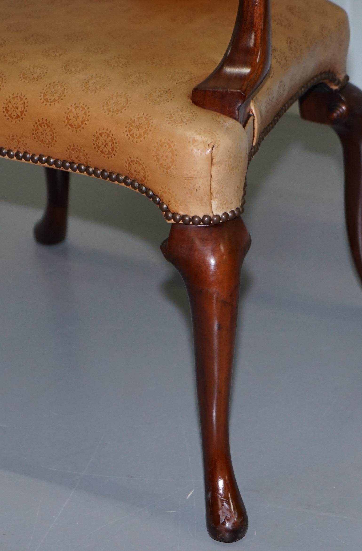 Rare Pair of Baker Queen Anne Stately Homes Brown Leather Armchairs 2