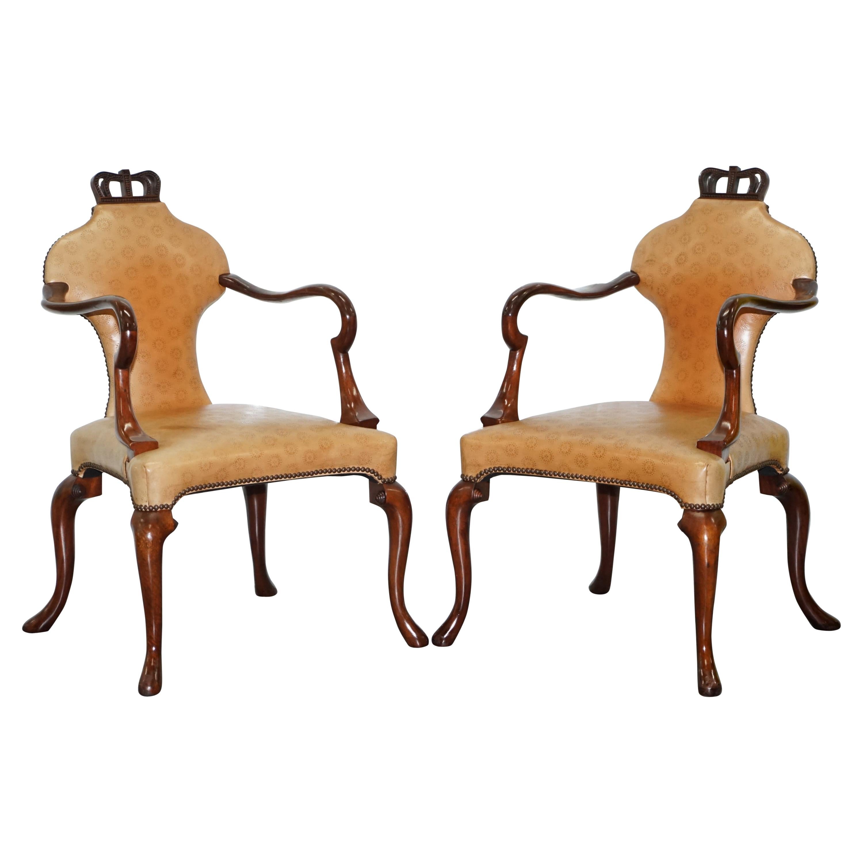 Rare Pair of Baker Queen Anne Stately Homes Brown Leather Armchairs