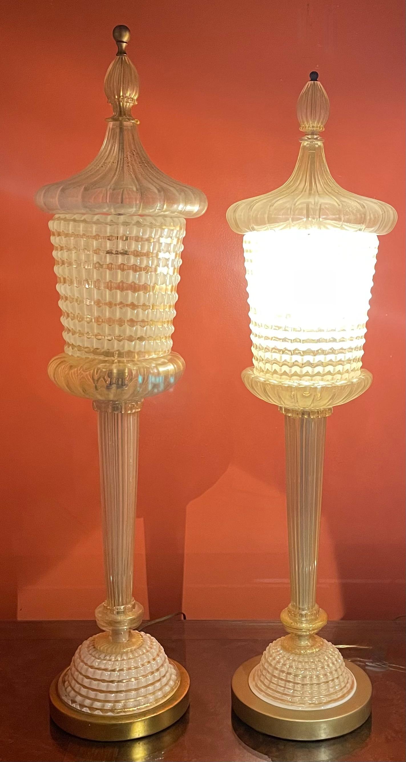 Rare Pair of Barovier and Toso Tall Torchere Lamps with Gold Aventurine  For Sale 13