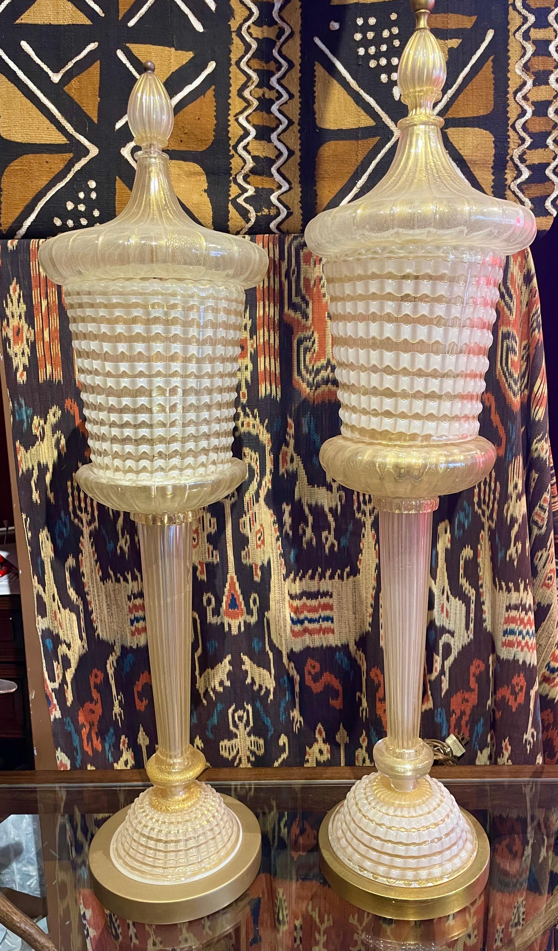 Italian Rare Pair of Barovier and Toso Tall Torchere Lamps with Gold Aventurine  For Sale