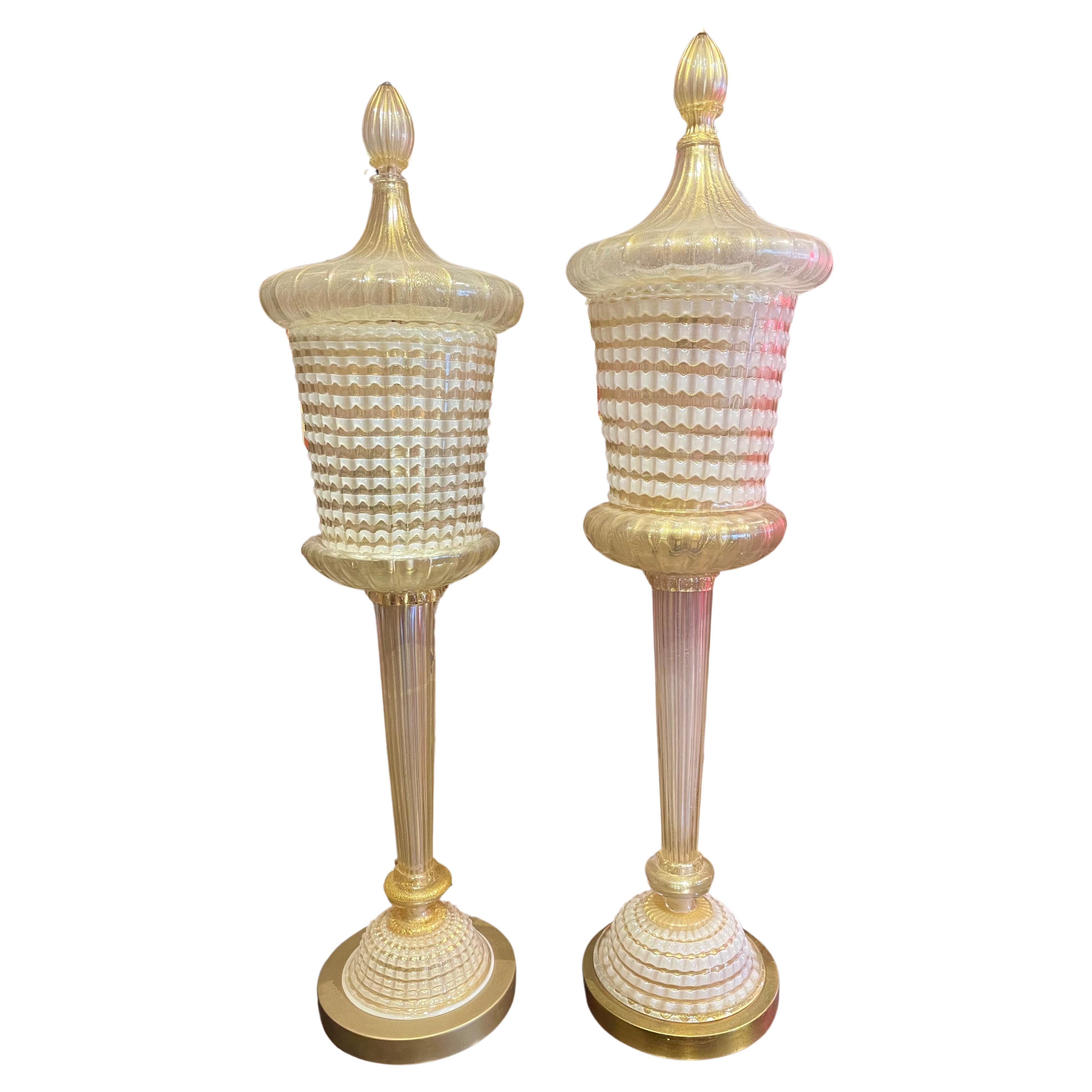 Rare Pair of Barovier and Toso Tall Torchere Lamps with Gold Aventurine  For Sale