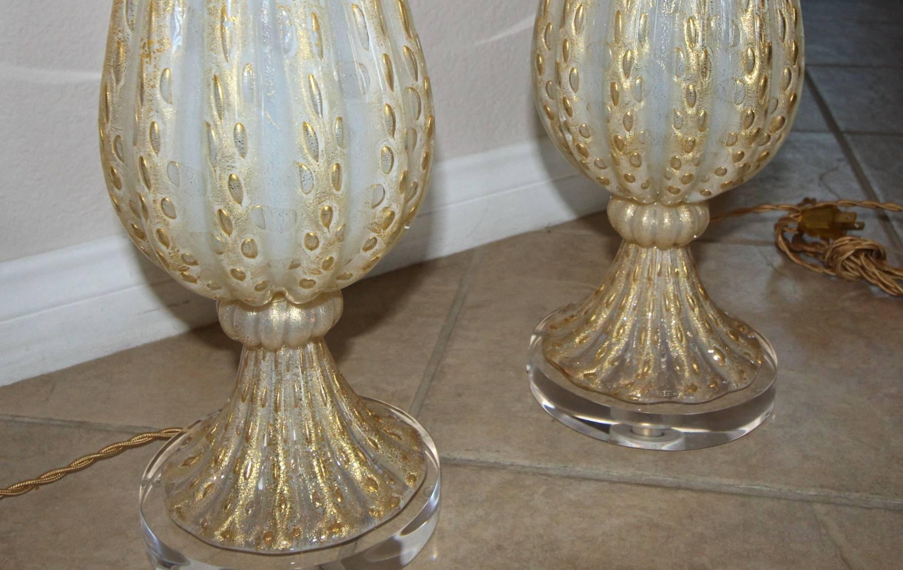 Rare Pair of Barovier e Toso Murano Italian Gold Opalescent Table Lamps 1