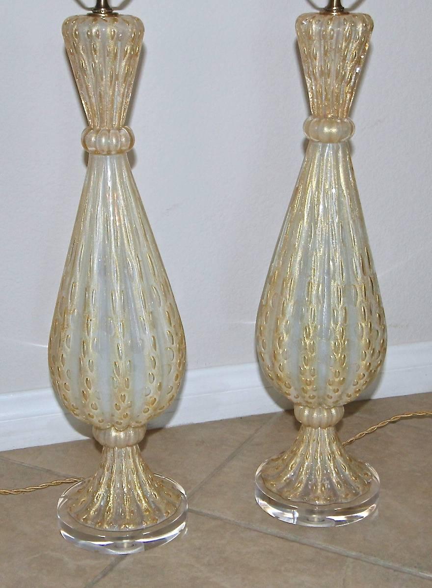 Glass Rare Pair of Barovier e Toso Murano Italian Gold Opalescent Table Lamps