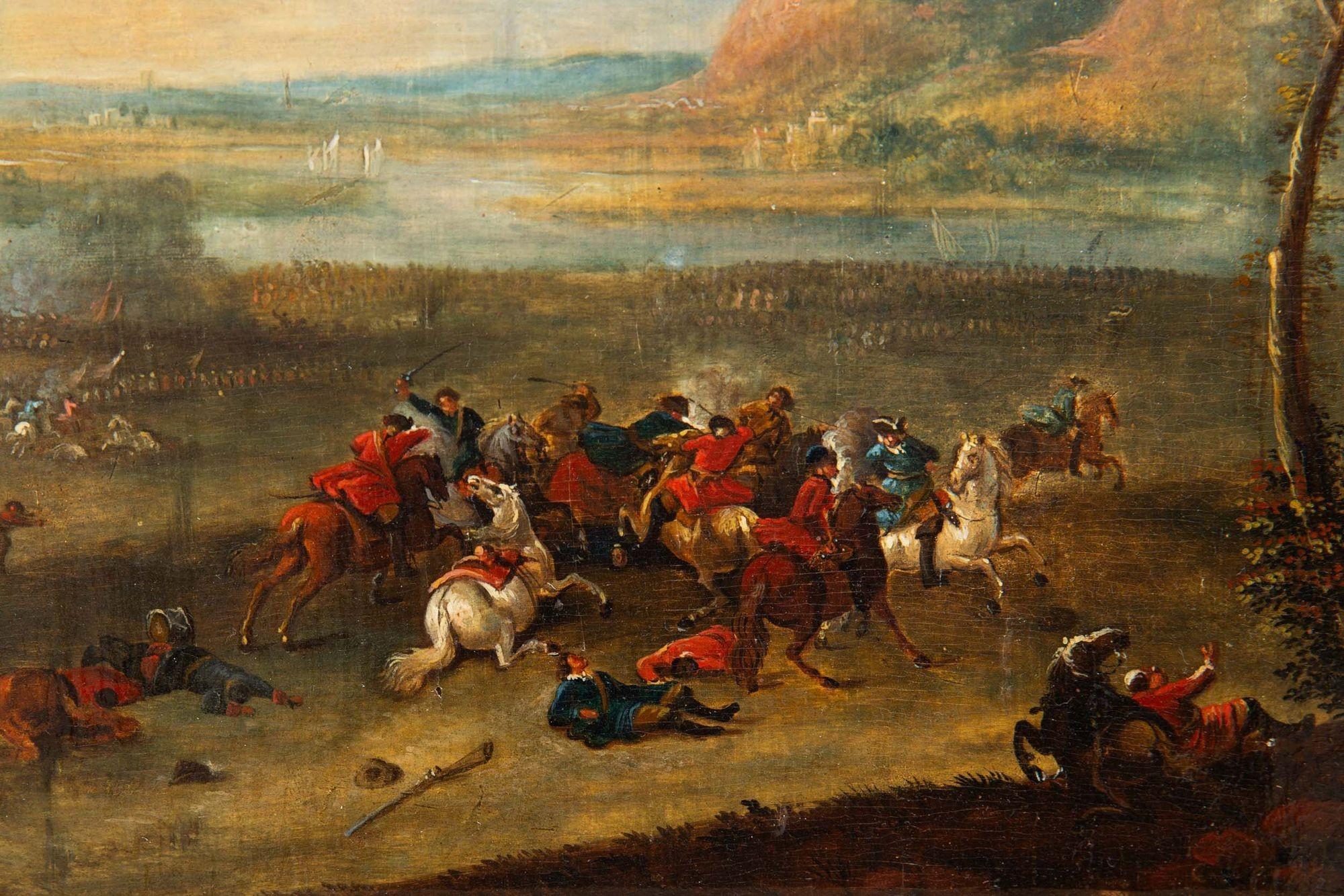 Rare Pair of Battling Cavalry Paintings in Circle of Karel Breydel, ca. 1740 For Sale 4
