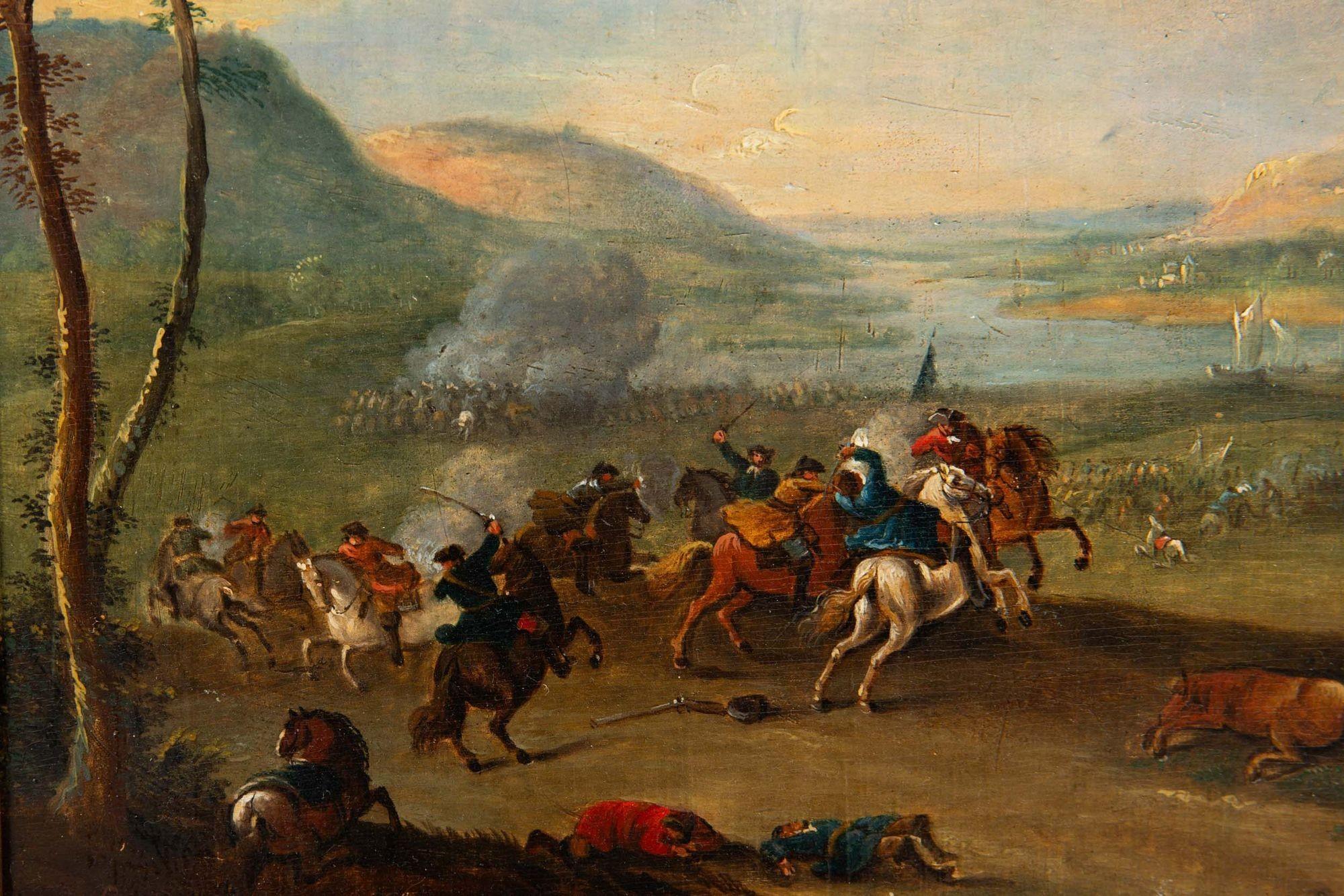Belgian Rare Pair of Battling Cavalry Paintings in Circle of Karel Breydel, ca. 1740 For Sale