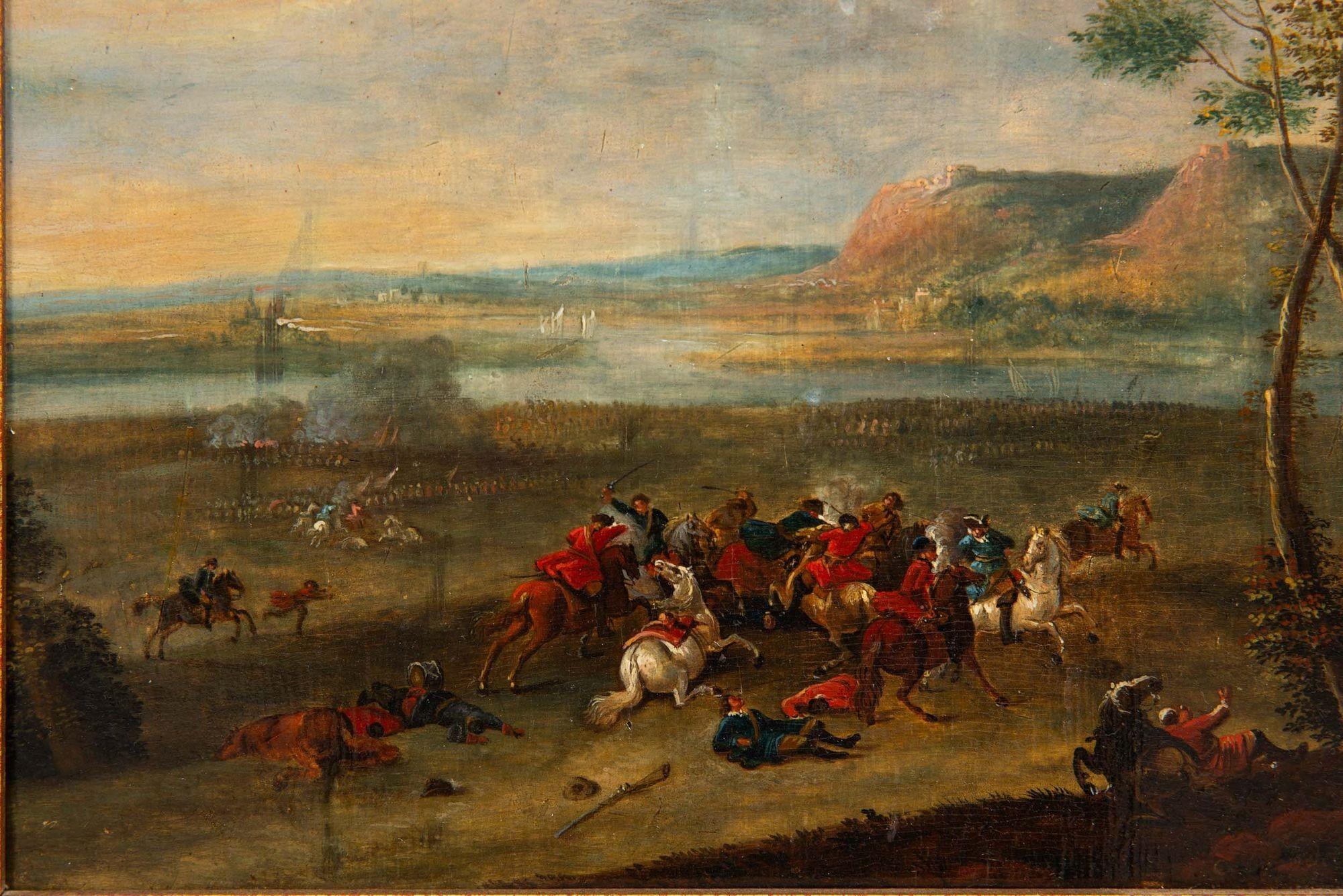18th Century and Earlier Rare Pair of Battling Cavalry Paintings in Circle of Karel Breydel, ca. 1740 For Sale