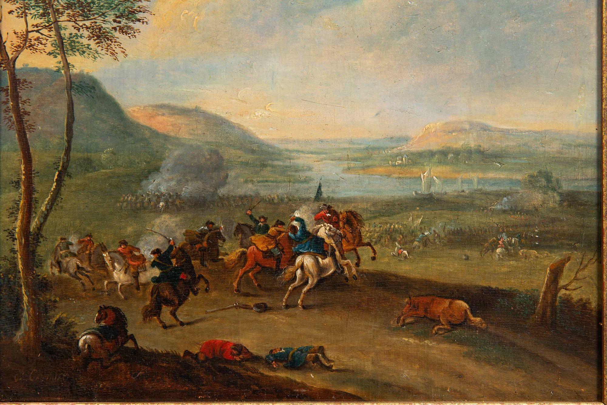 Wood Rare Pair of Battling Cavalry Paintings in Circle of Karel Breydel, ca. 1740 For Sale