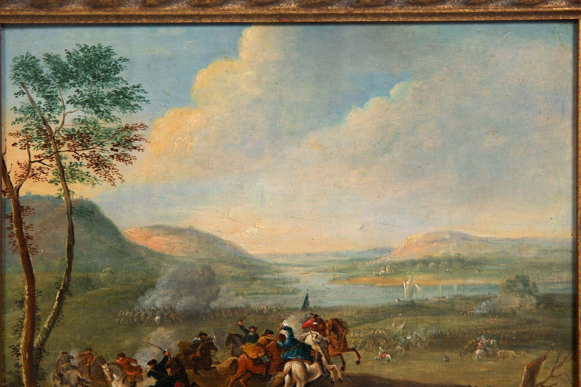 Rare Pair of Battling Cavalry Paintings in Circle of Karel Breydel, ca. 1740 For Sale 1
