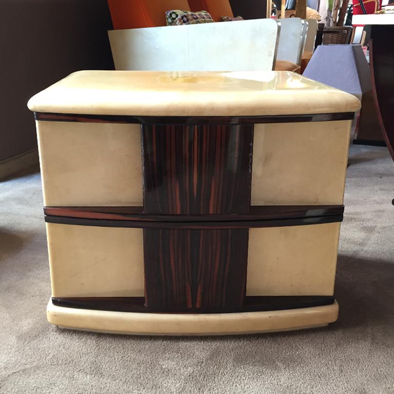 Mid-Century Modern Rare Pair of Bedside Tables in Parchment and Wood Designed by Aldo Tura, 1960s