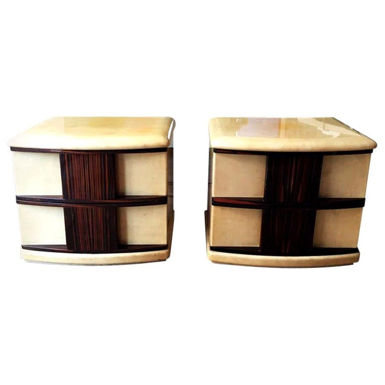 Rare Pair of Bedside Tables in Parchment and Wood Designed by Aldo Tura, 1960s