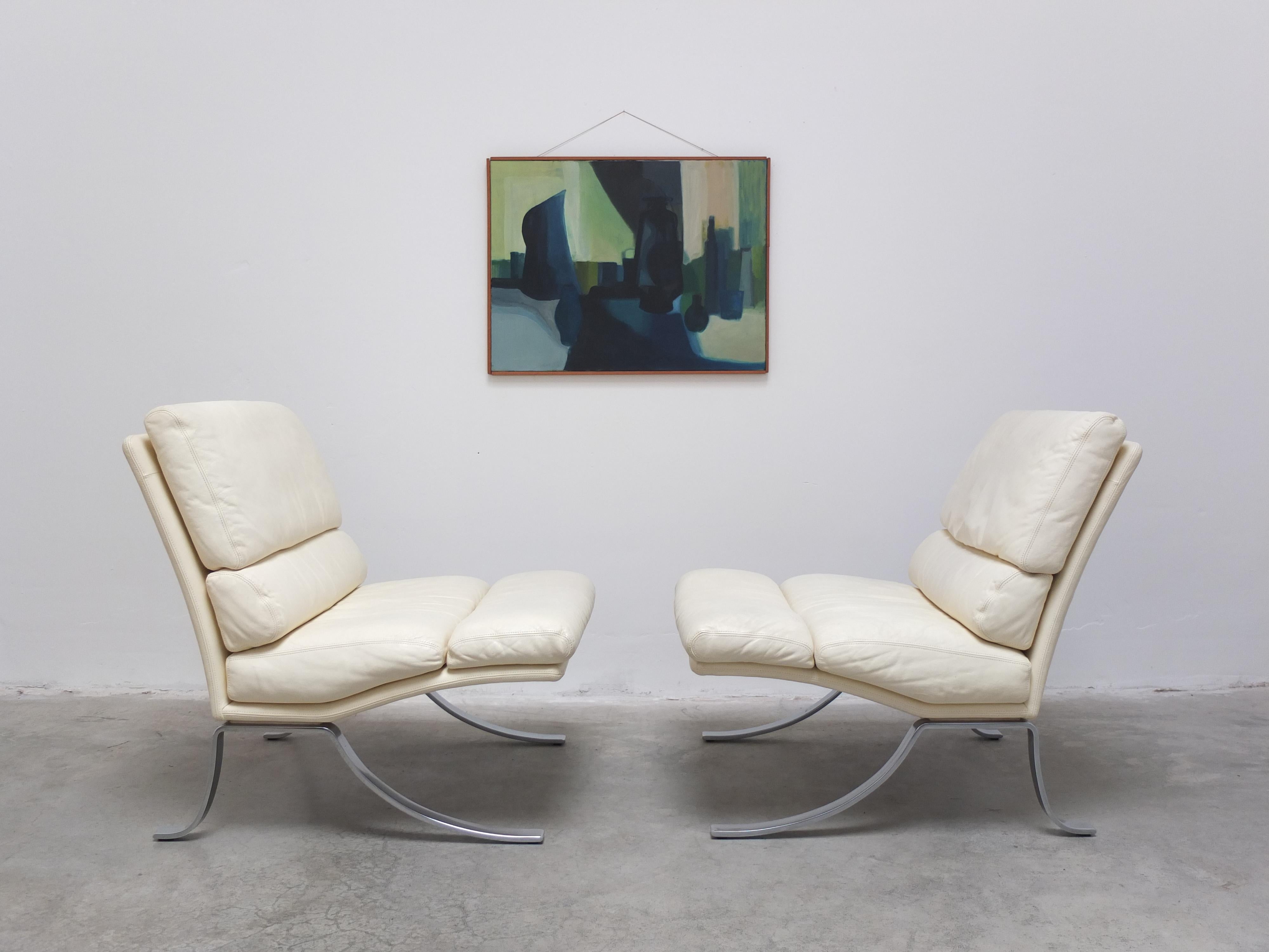 Rare Pair of Belgian Modernist Lounge Chairs with Ottoman by Durlet, 1970s 14