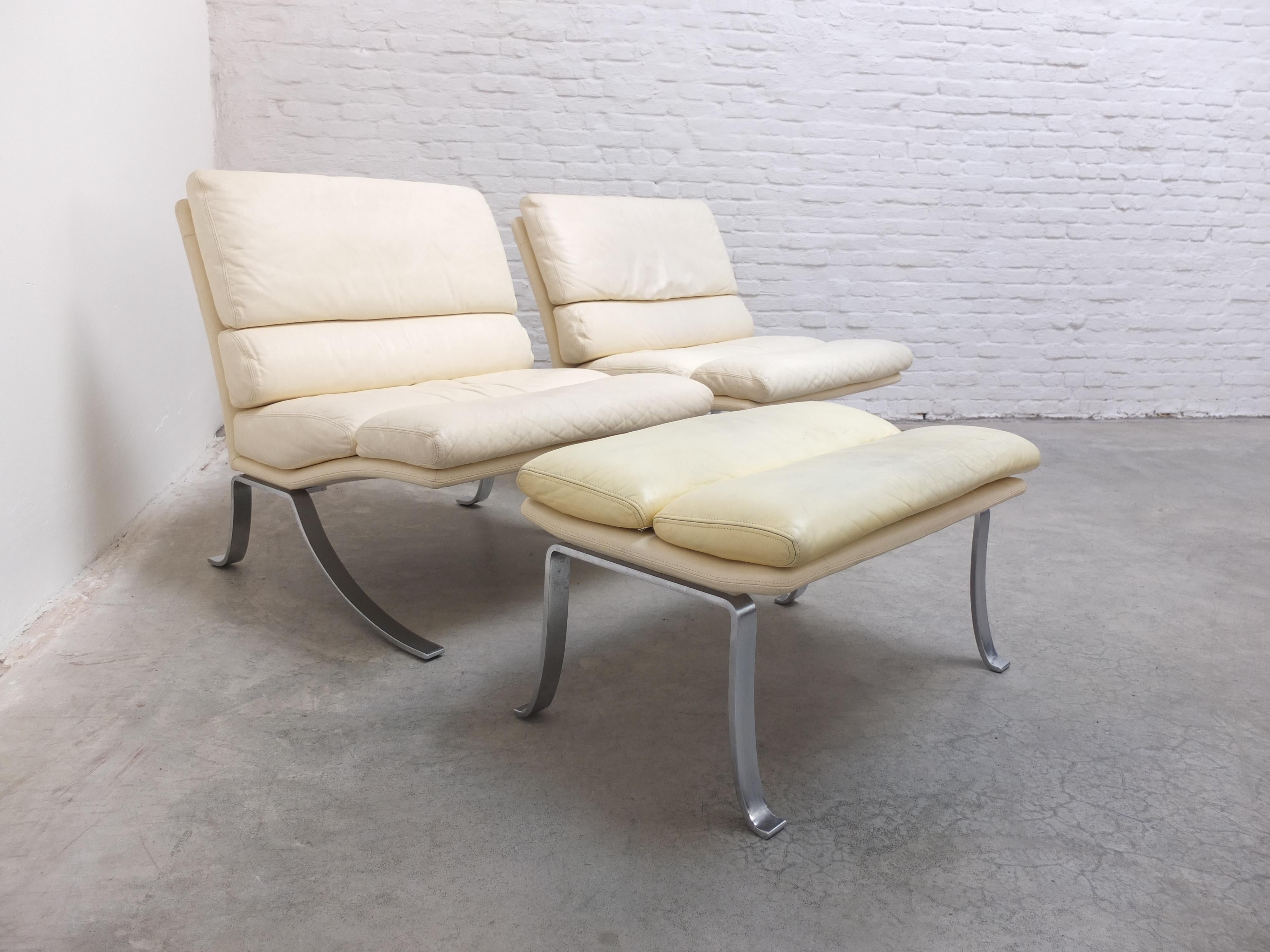 Rare Pair of Belgian Modernist Lounge Chairs with Ottoman by Durlet, 1970s 1
