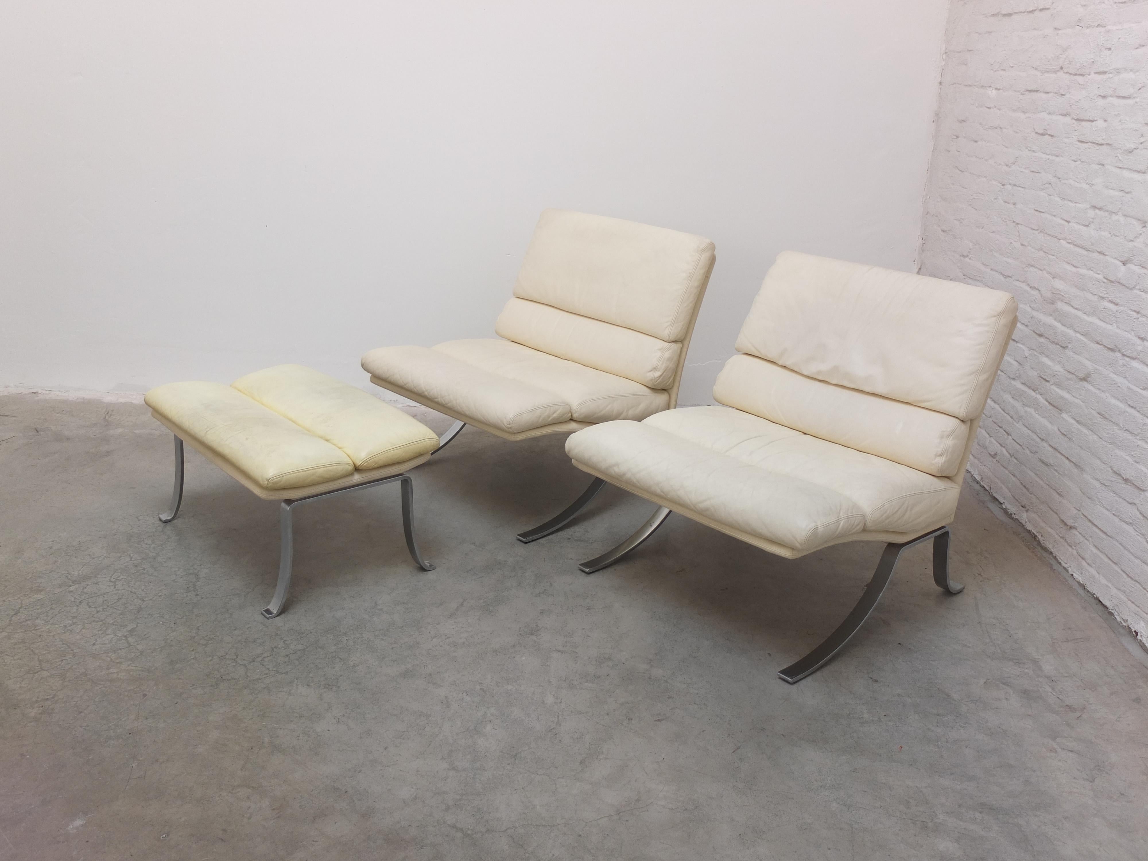 Rare Pair of Belgian Modernist Lounge Chairs with Ottoman by Durlet, 1970s 2