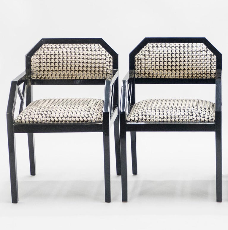 Sleek, stately lines, Asian inspired with a bold twist like seen in this pair of chairs, were the marks of the French designer Jean-Claude Mahey. These rare pieces were designed by Mahey in the 1970s for firm Maison Romeo Paris and displays all the
