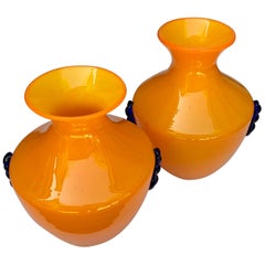 Rare Pair of Blenko Orange Glass Vases with Applied Cobalt Decoration