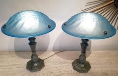 Rare Pair of blue French Art Deco Table Lamps designed by Degue