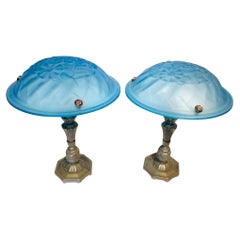 Rare Pair of blue French Art Deco Table Lamps designed by Degue