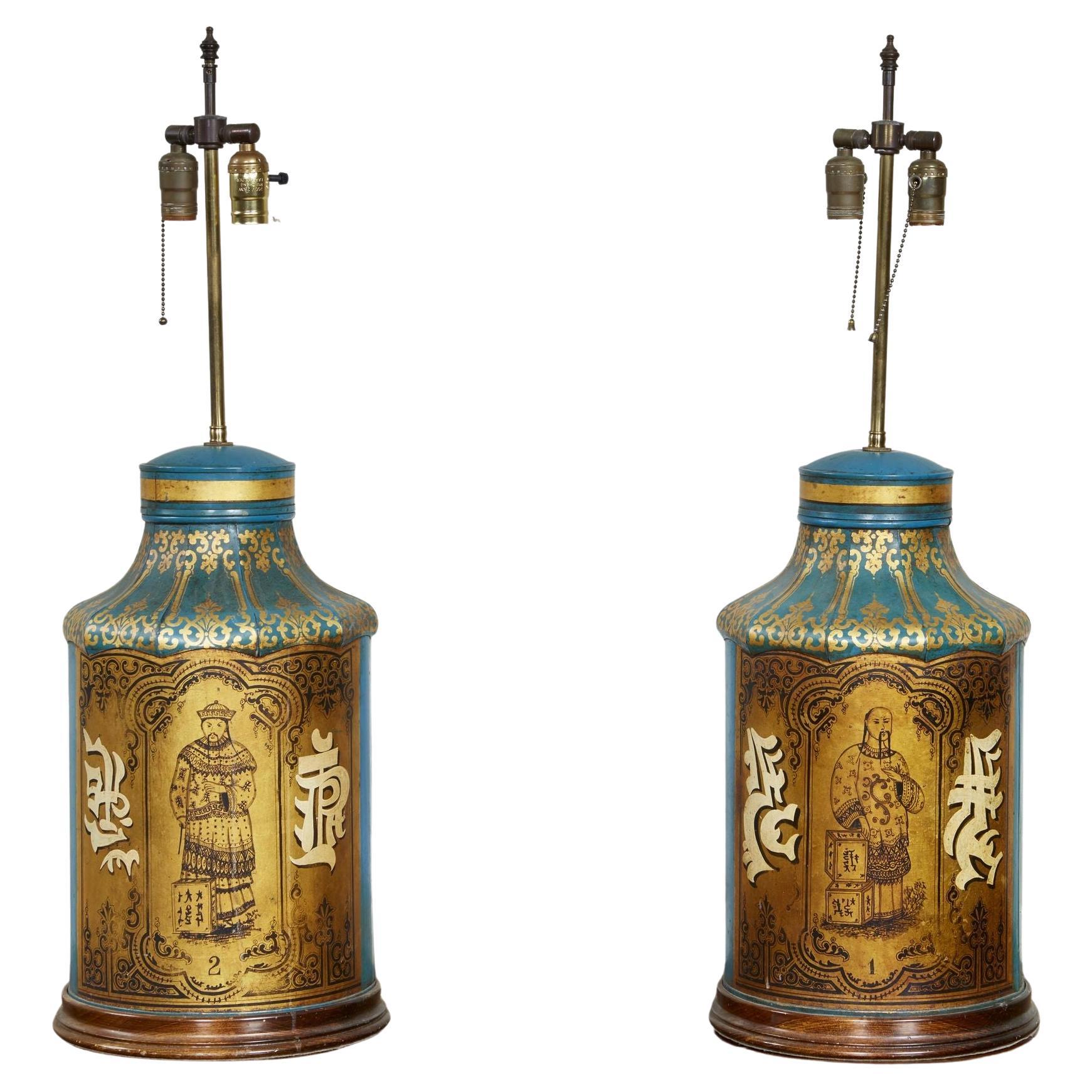 Rare Pair of Blue Tea Tin Lamps