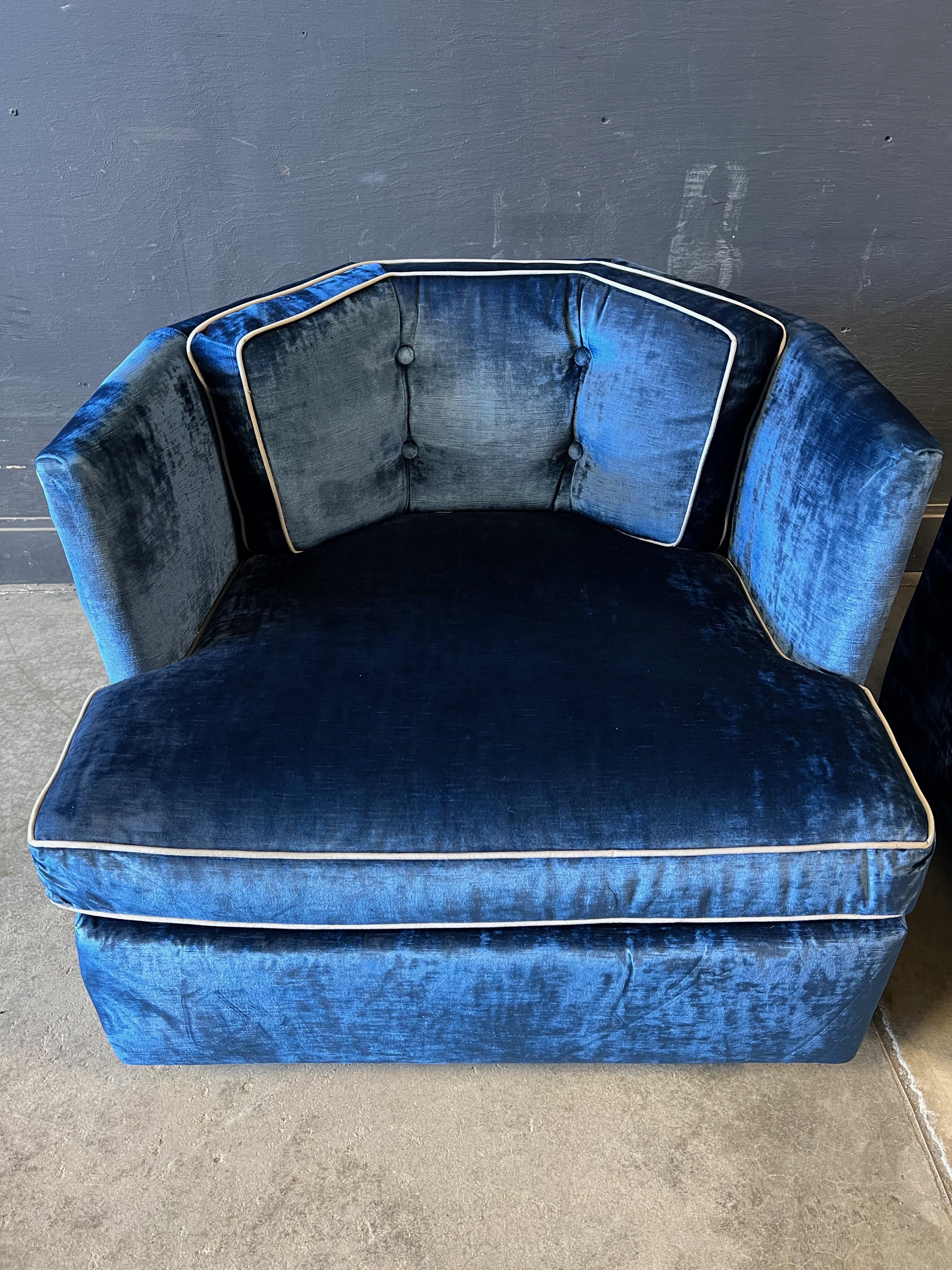 Rare Pair of blue velvet barrel back lounge Chairs Attributed to Milo Baughman In Good Condition For Sale In Hudson, NY