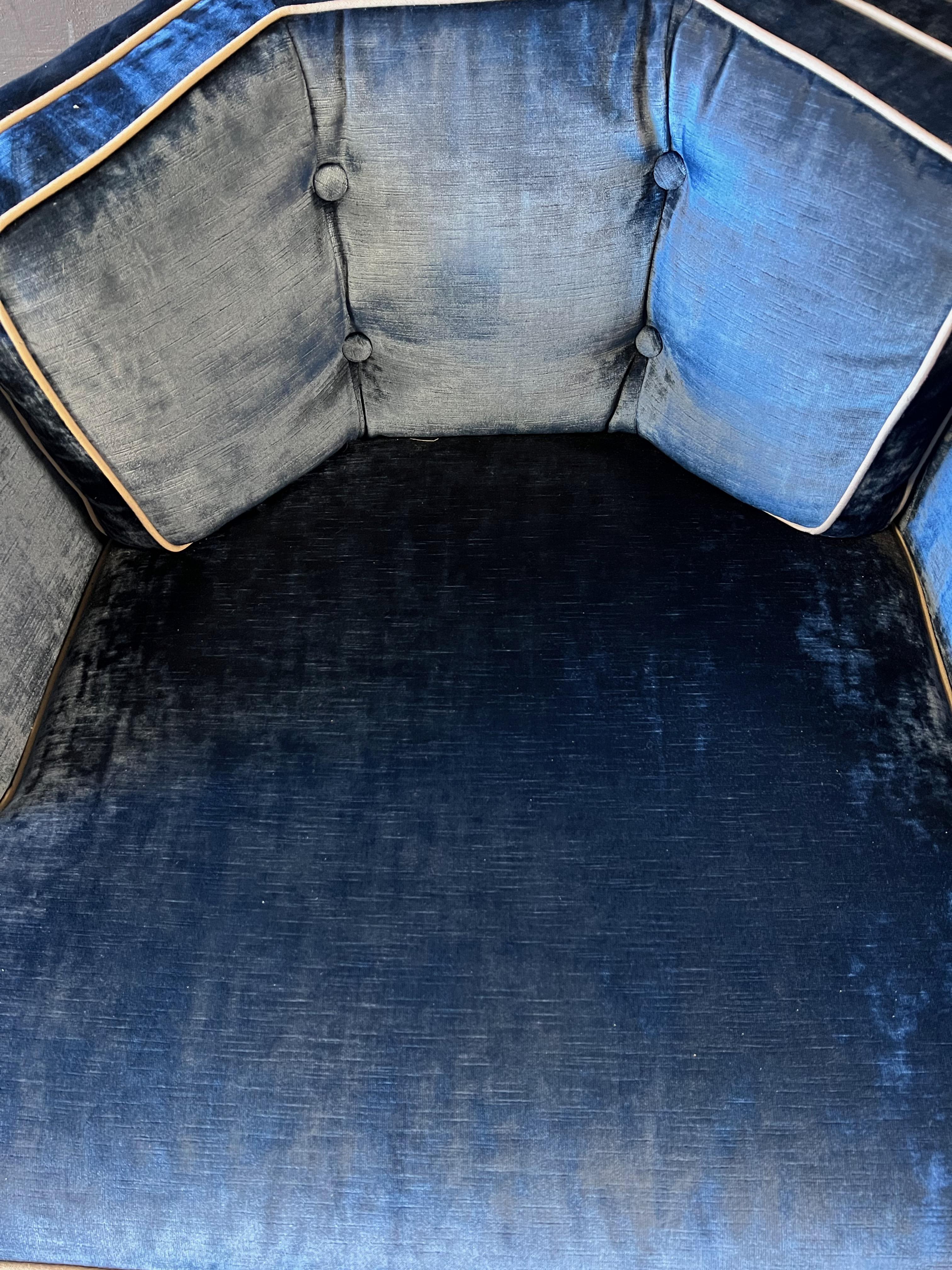 Rare Pair of blue velvet barrel back lounge Chairs Attributed to Milo Baughman For Sale 2