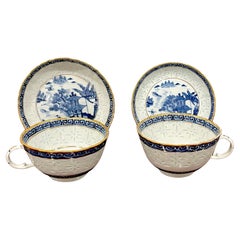 Antique Rare Pair of Blue & White Nanking 'Rice Grain' Cups & Saucers, Qianlong Marked 