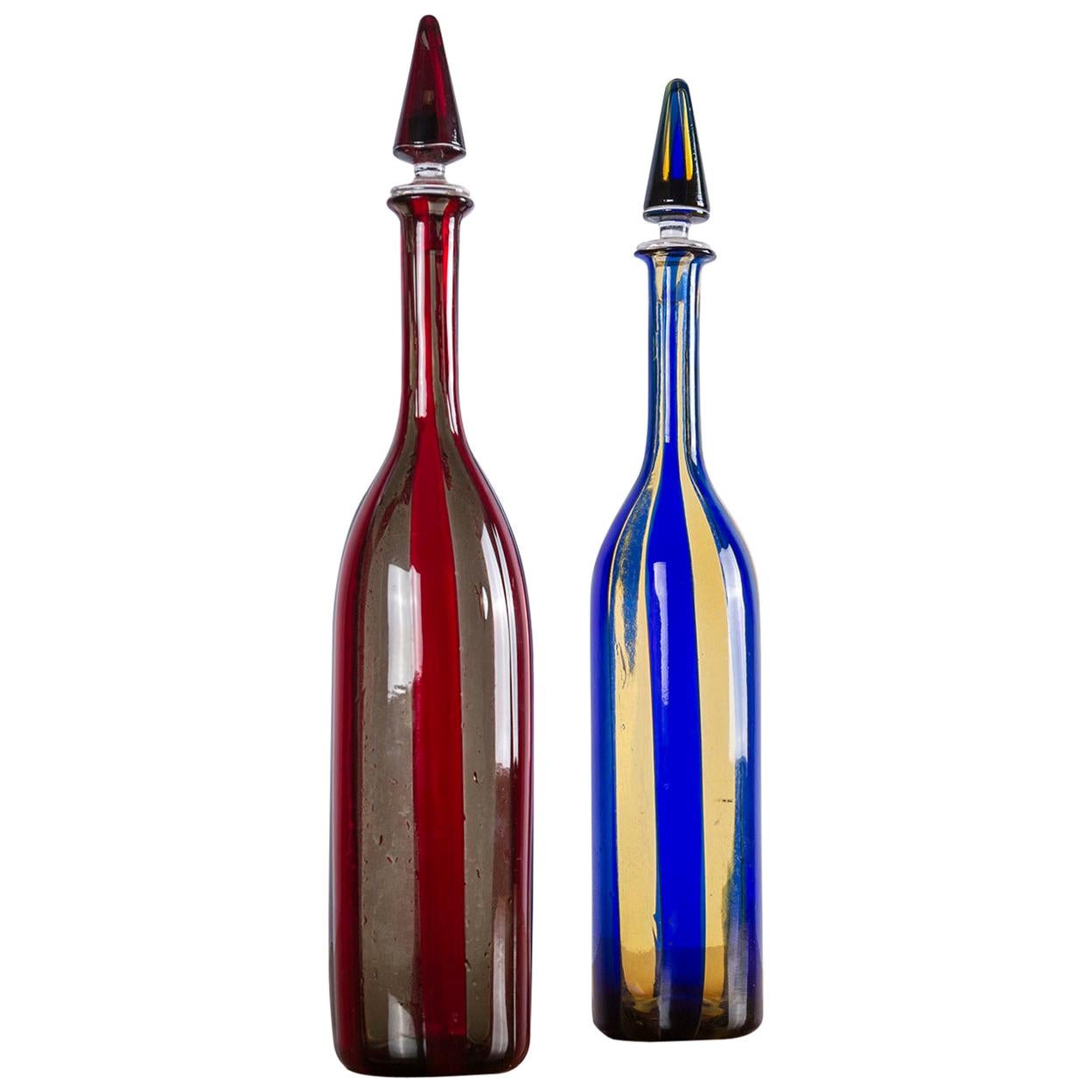 Rare ensemble de deux bouteilles en verre de Murano par Fulvio Bianconi & Paolo Venini, années 1950