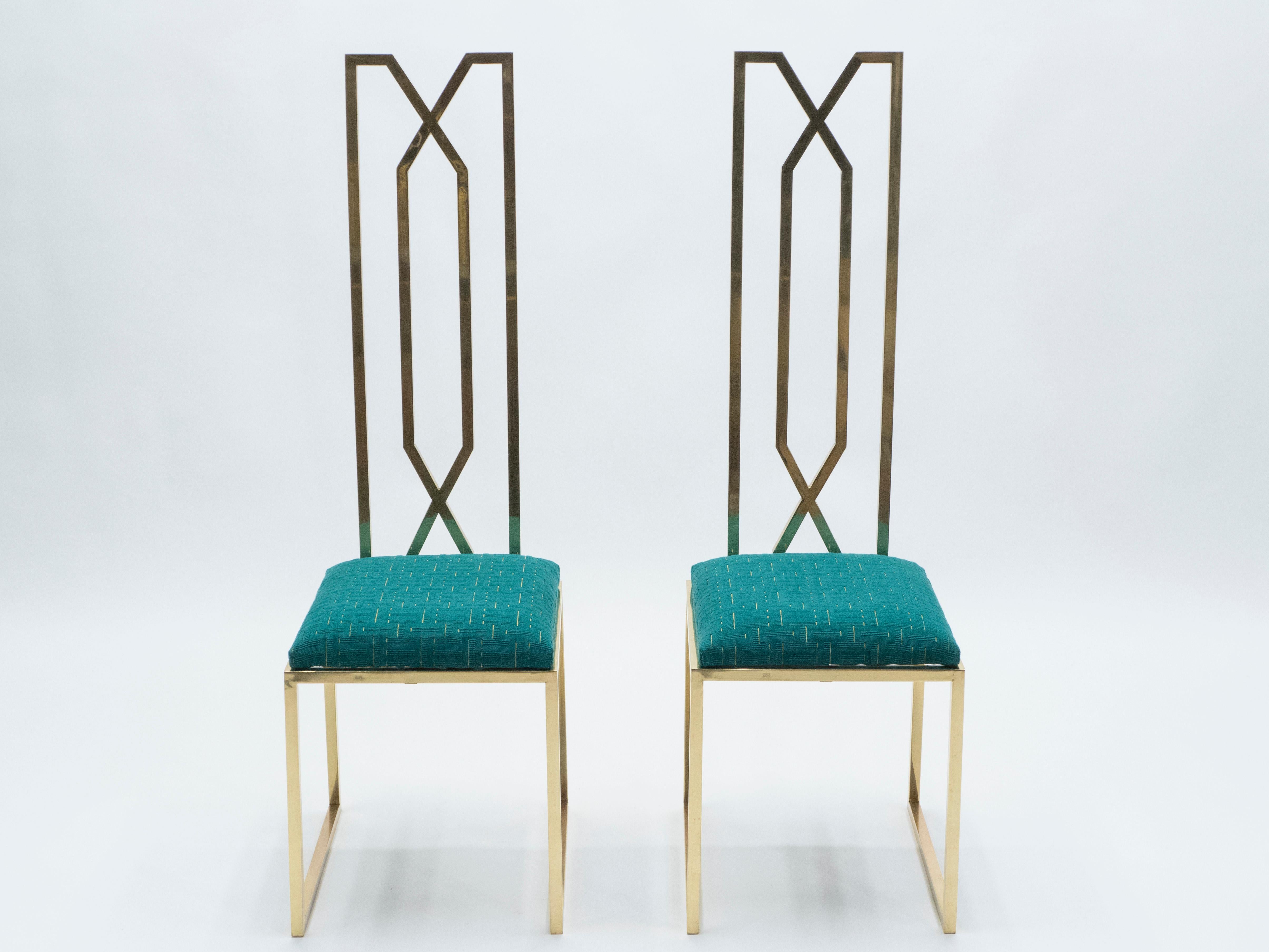 French actor and designer Alain Delon extravagant tastes are evident in this pair of French midcentury chairs. Edited by Jean Charles in the mid-1970s, they are definitely a rare find. Cool brass is fashioned into an inventive, geometric design that