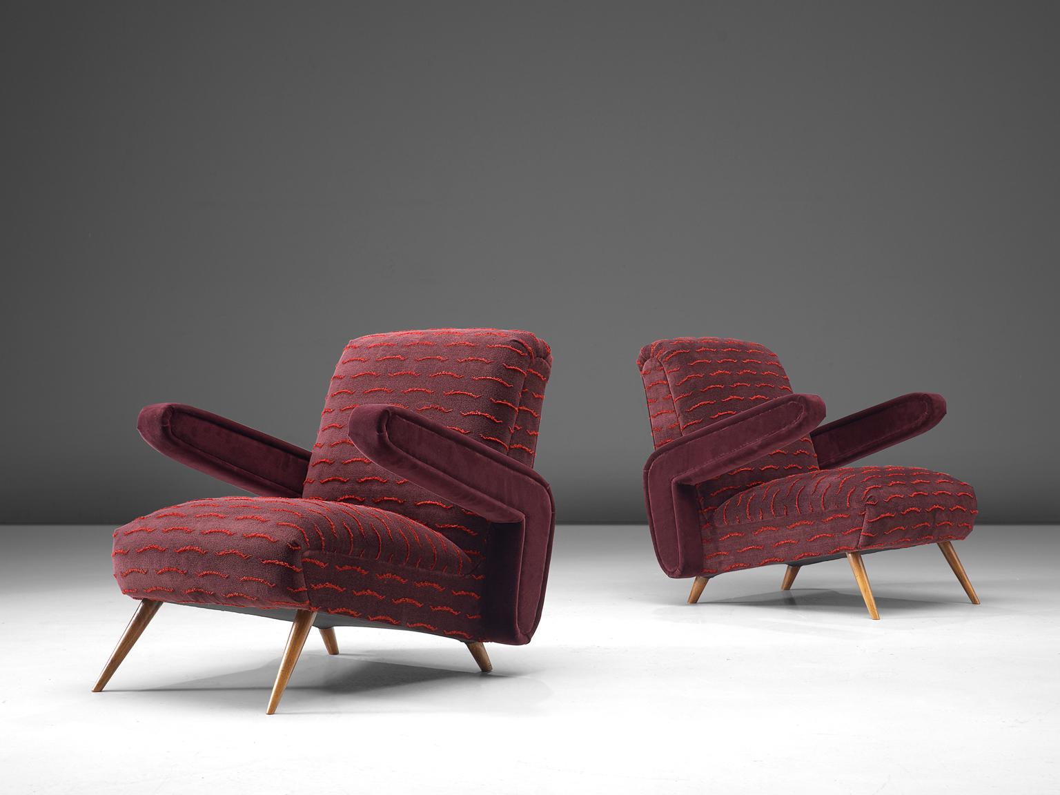 Mid-Century Modern Rare Pair of Brazilian Armchairs Reupholstered in Luxurious Burgundy Velvets