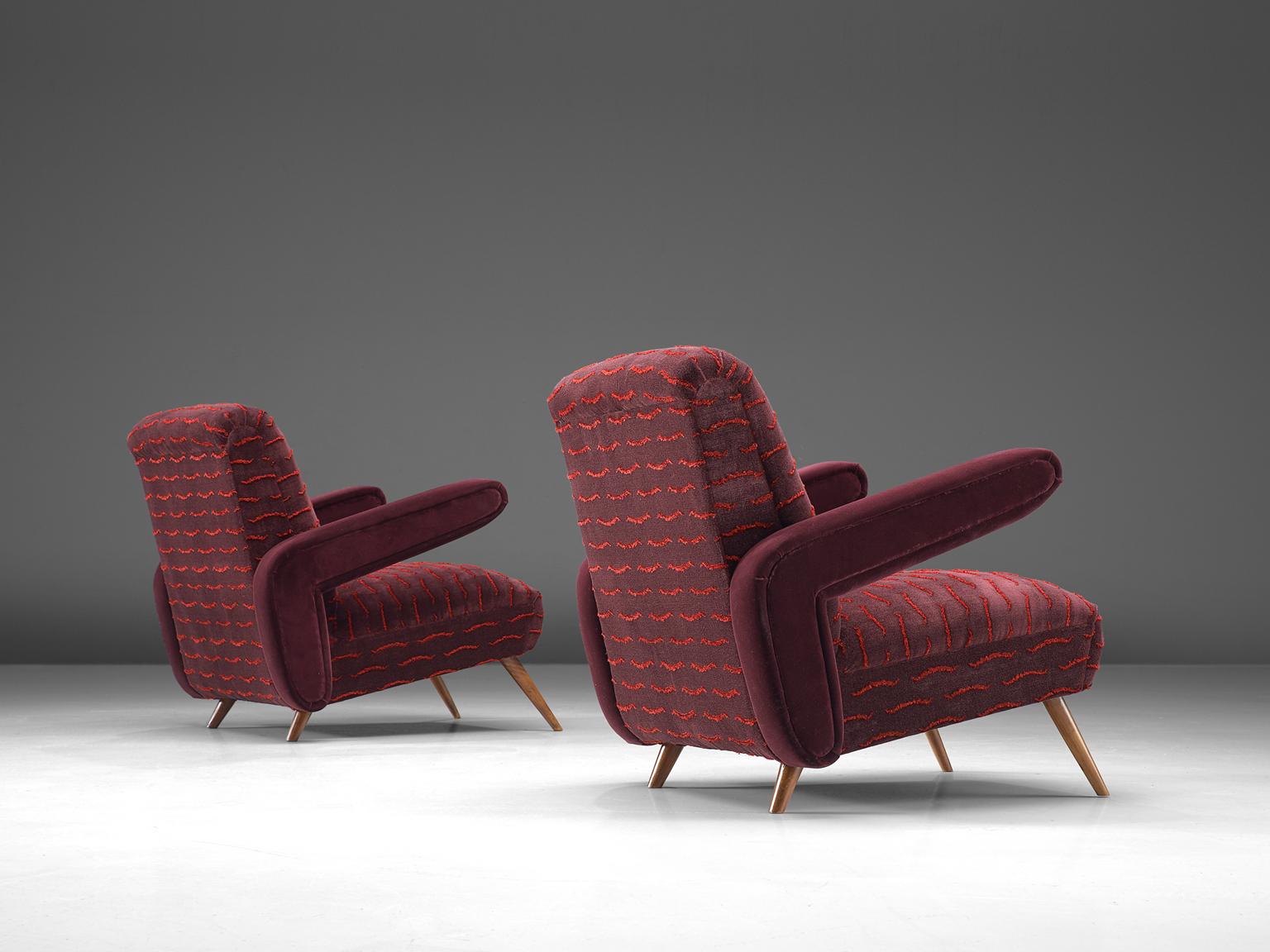 Rare Pair of Brazilian Armchairs Reupholstered in Luxurious Burgundy Velvets In Excellent Condition In Waalwijk, NL