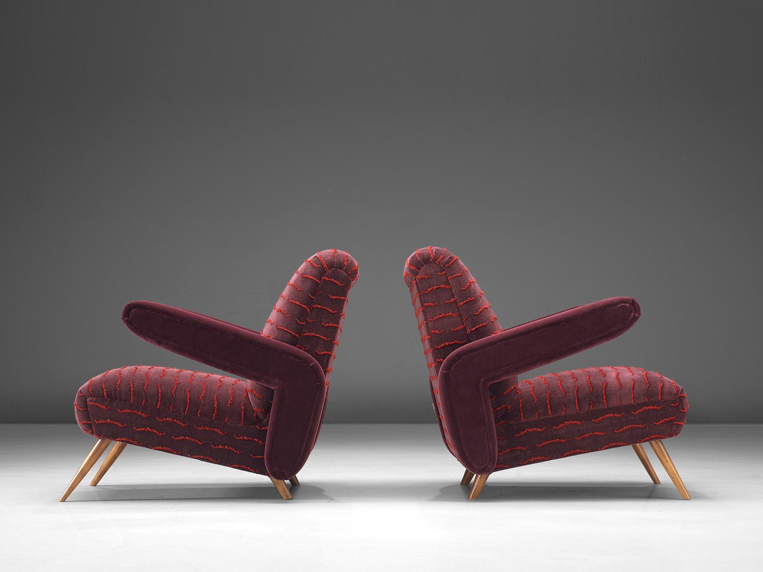 Mid-20th Century Rare Pair of Brazilian Armchairs Reupholstered in Luxurious Burgundy Velvets