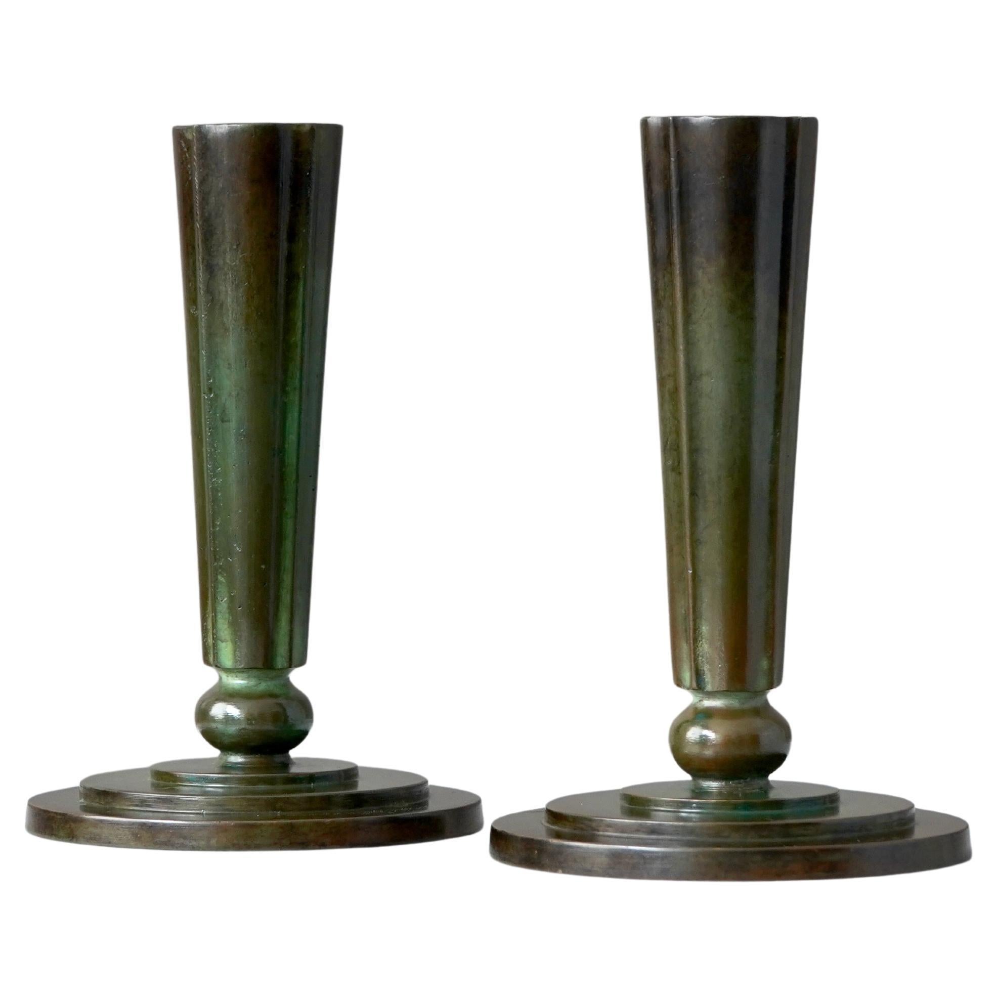 Rare Pair of Bronze Art Deco Vases and Candlesticks by GAB, Sweden, 1930s