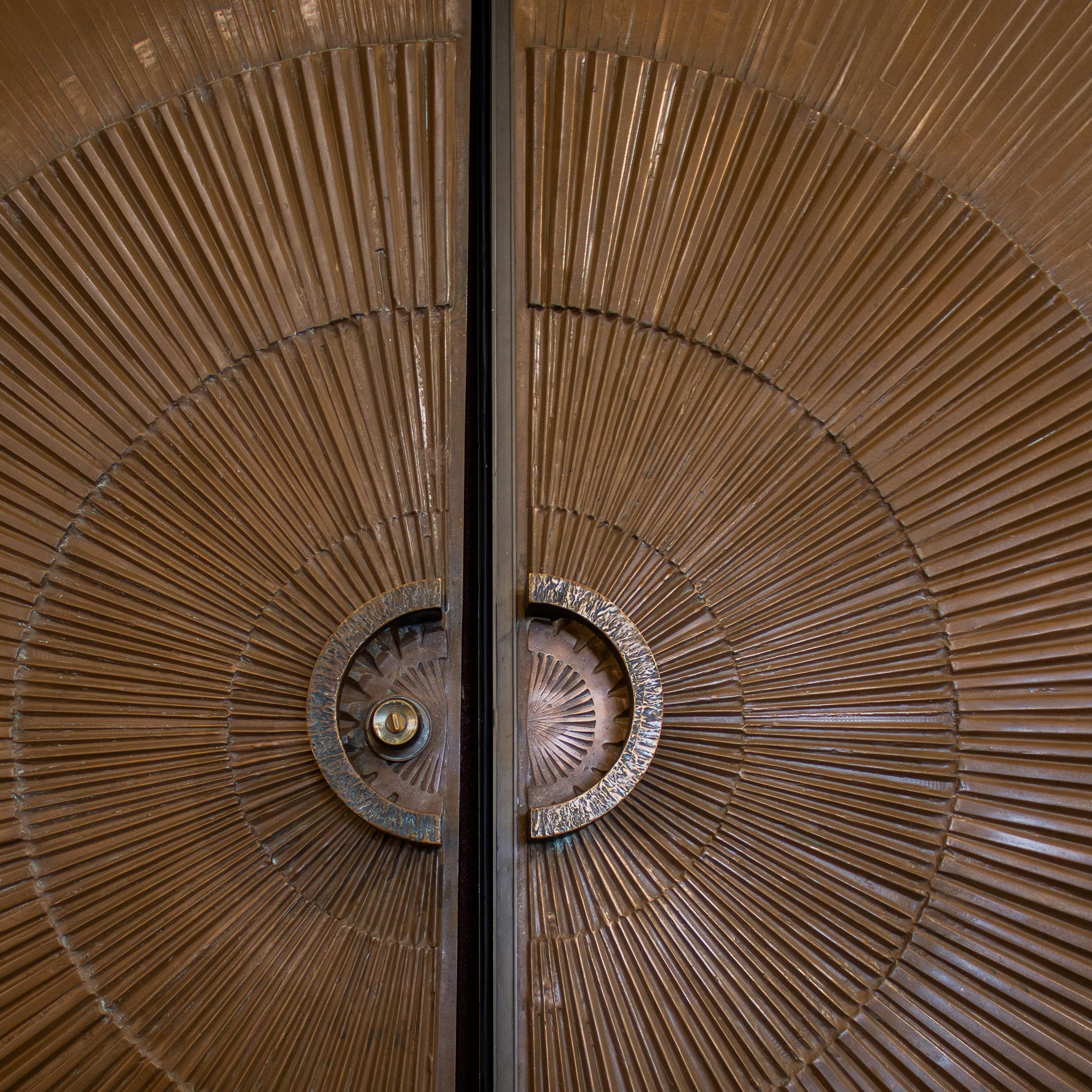 Rare Pair of Bronze Covered Sunburst Doors, 1971 In Good Condition In Donhead St Mary, Wiltshire